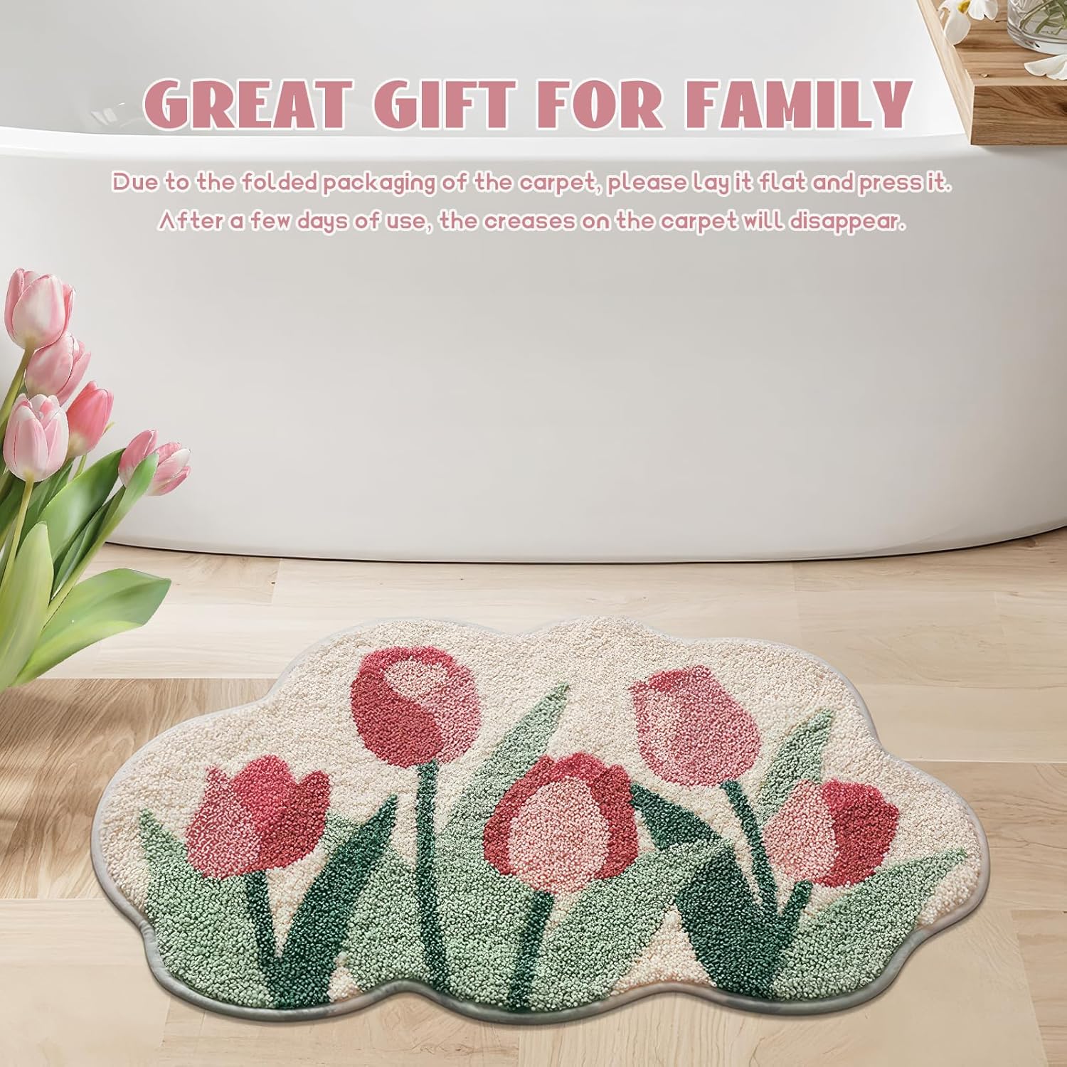 Cloud-Shaped Tulip Bath Mat, Soft Non-Slip Fluffy Fresh Flowers Bathroom Rug, Ultra Absorbent Microfiber Shaggy Doormat, Machine Washable Floral Bath Rug for Bathroom Bedroom 20x31 Inch (Tulip)