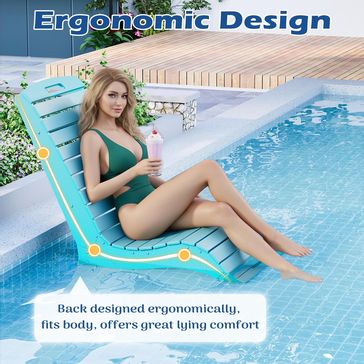 MELLCOM HDPE Pool Lounge Chairs Set of 2, in Pool Lounge Chairs up to 10-Inches of Water, Chaise Lounge Chairs with Wheels, S Shape Patio Lounge Chairs for Pool, Deck, Garden, Beach, Blue