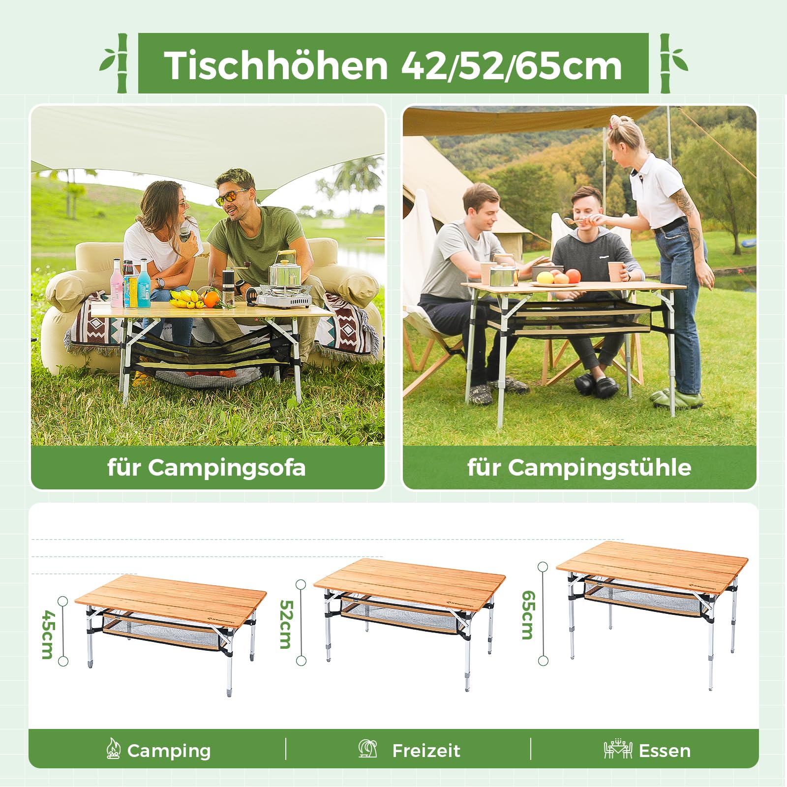 KingCamp Campingtisch Bambus Klappbar Höhenverstellbar 45/52/65 cm bis 80kg | Klapptisch Faltbar Stabil Kompakt Tragbar Robuster Alu-rahmen für Camping Picknick Garten Balkon 100x65cm mit Klappnetz
