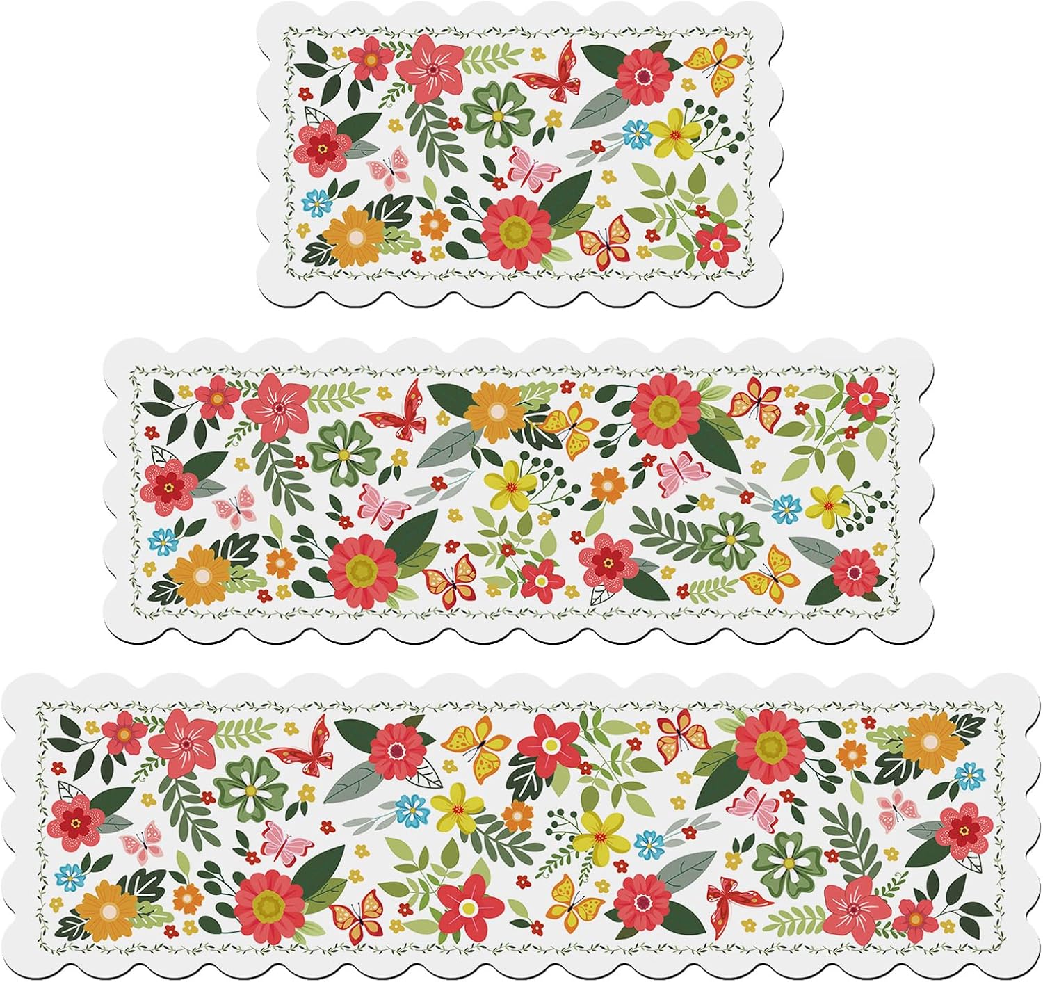 BSSN Kitchen Mats for Floor 3 Piece Set - Scalloped Wavy Edge Kitchen Rugs and Mats - Non-Slip Waterproof Comfort Floor Runners for Sink & Stove - Floral Farmhouse Decor for Laundry Room