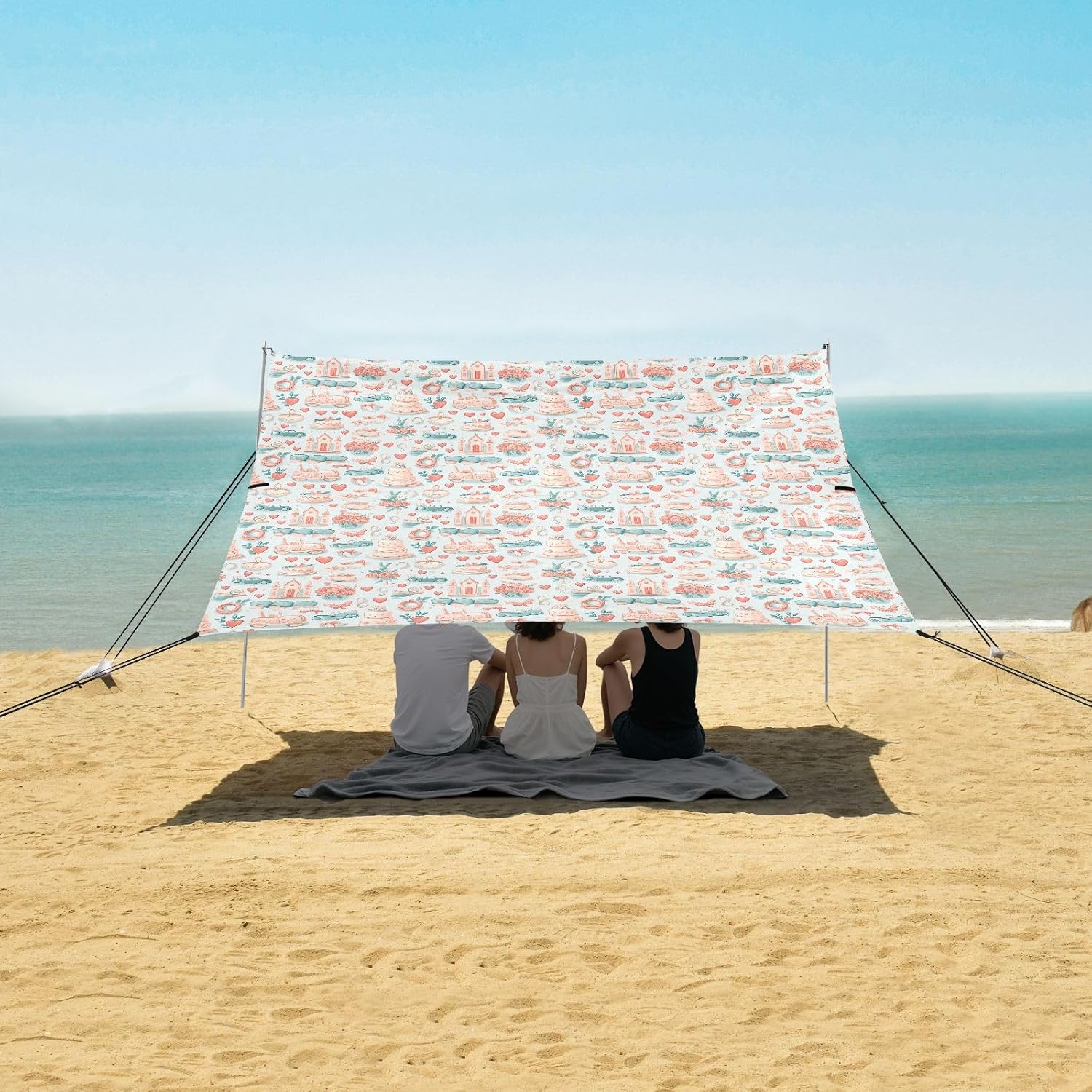 ALAZA Wedding Heart Cartoon Beach Tent Sun Shelter UPF50+ Protection Beach Shade Canopy w/ 4 Sandbags for Outdoor Camping, Fishing, Backyard Fun, Picnic, 10x9 ft