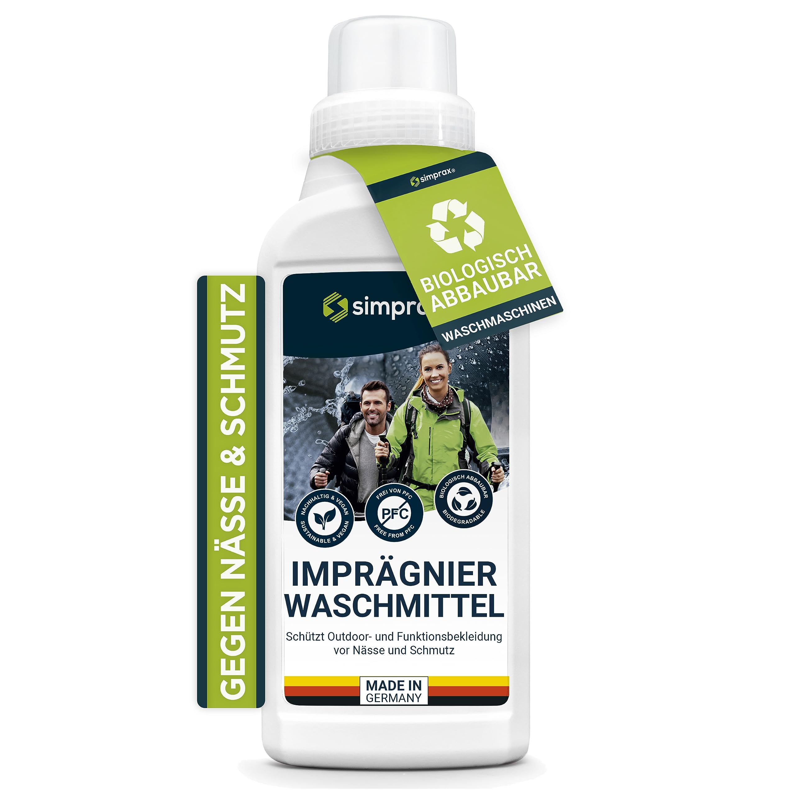 simprax® Textil Wash-In Imprägnierung - Klimaneutrales Imprägniermittel. Umweltfreundliche Einwaschimprägnierung für Funktions- & Outdoortextilien wie Gore-Tex, etc. Waschmaschine o. Handwäsche