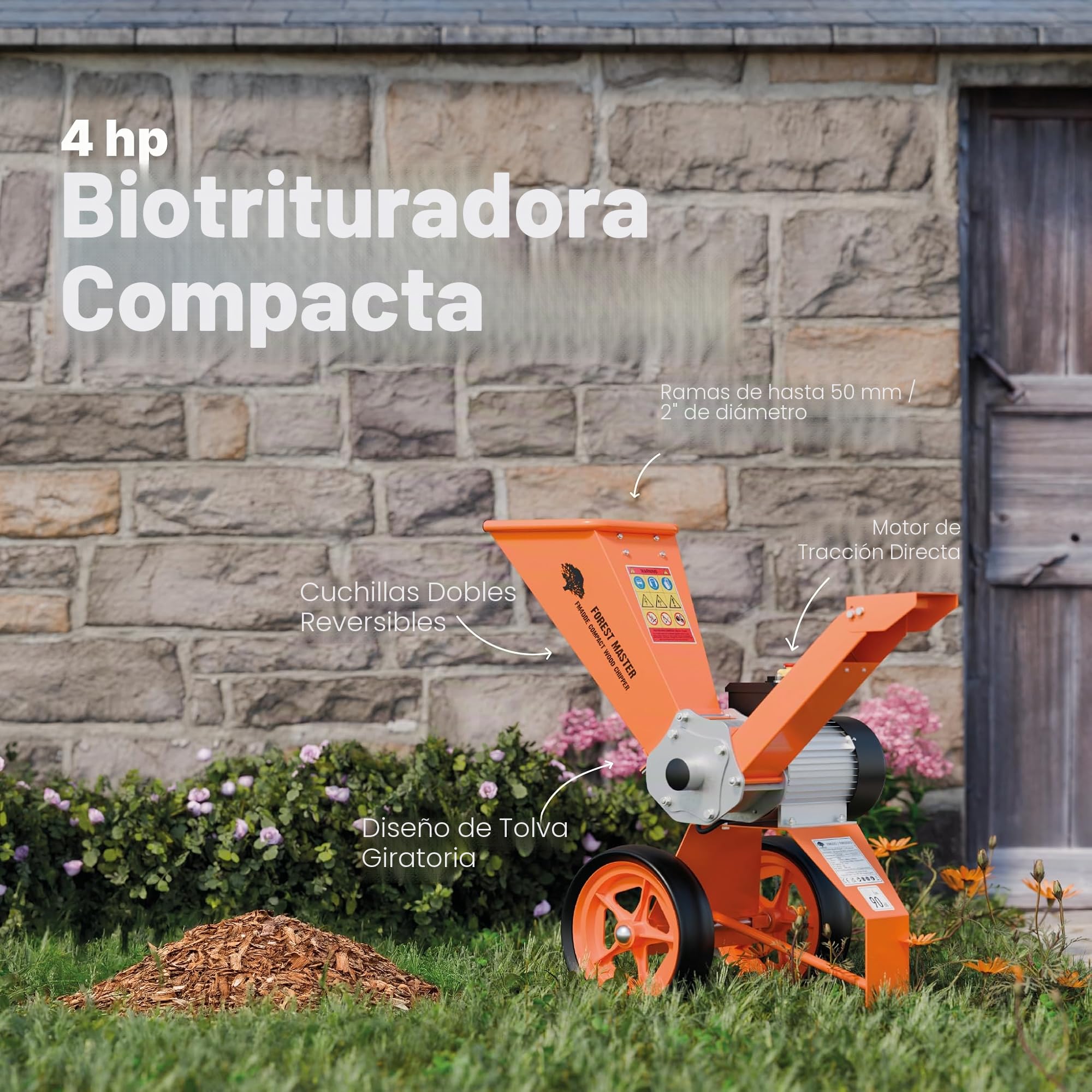 FM4DDE-EU-ADJ Trituradora Eléctrica de Madera 4HP con Tolva Giratoria – Transmisión Directa, Compacta y Portátil – Tritura Ramas de hasta 50 mm – Sistema Antibloqueo Mejorado – Enchufe EU