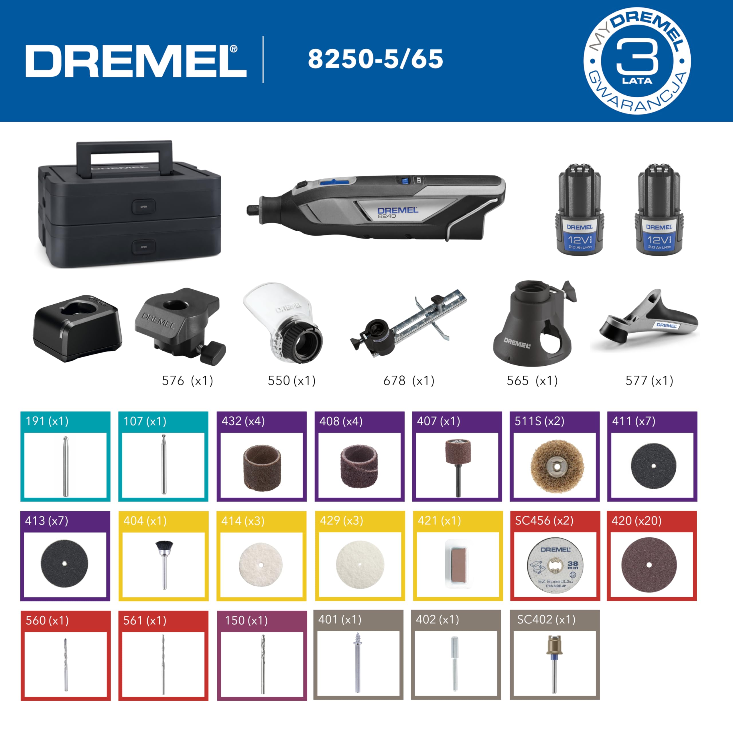 Dremel 8240 5/65 Akumulatorowe narzędzie obrotowe 12V, 5 przystawkami, 1 Platinum BOX, 65 akcesoriami do cięcia, grawerowania, szlifowania, polerowania, szlifowania, wiercenia