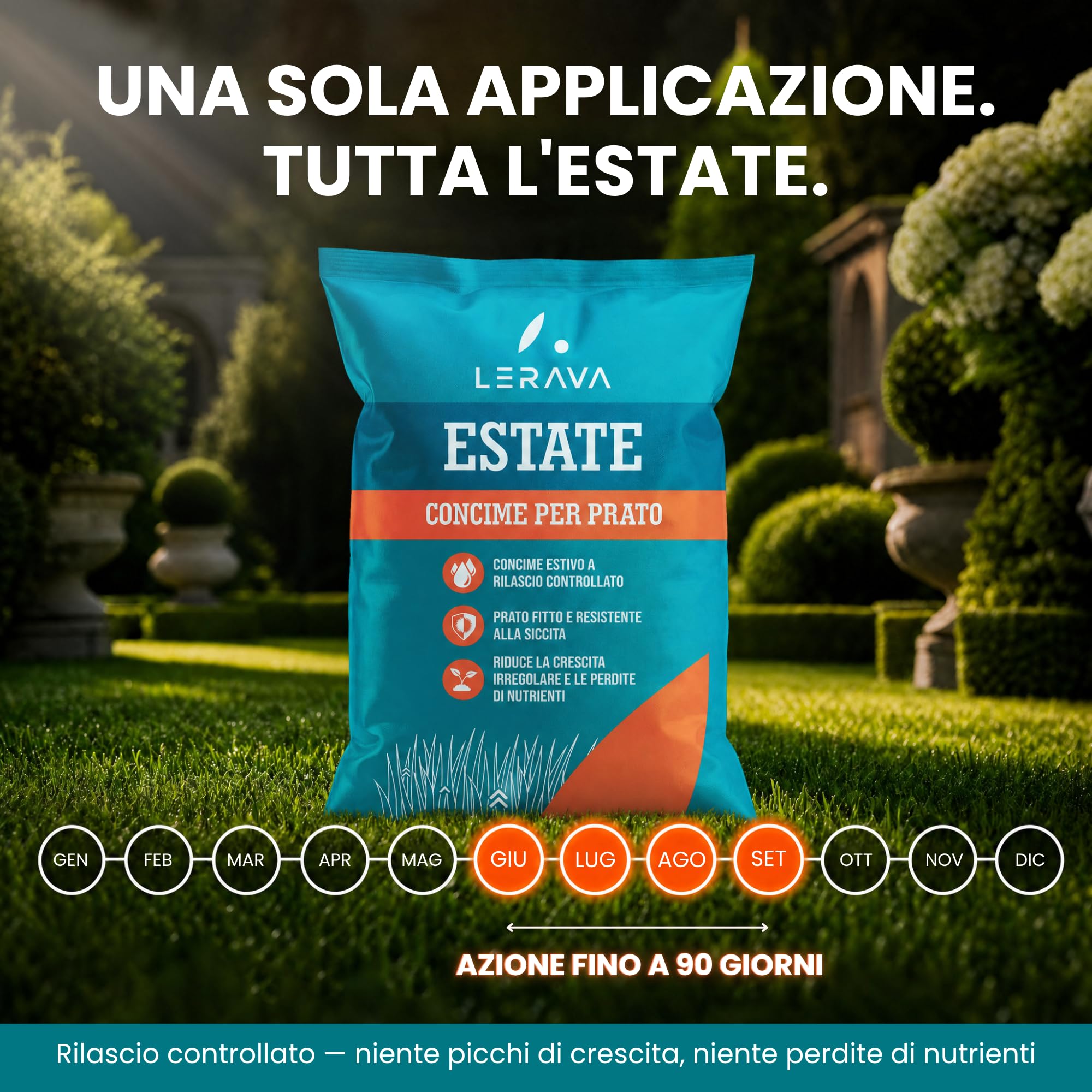 LERAVA Concime prato estate 70m² - Fertilizzante azoto lunga durata resistenza siccità