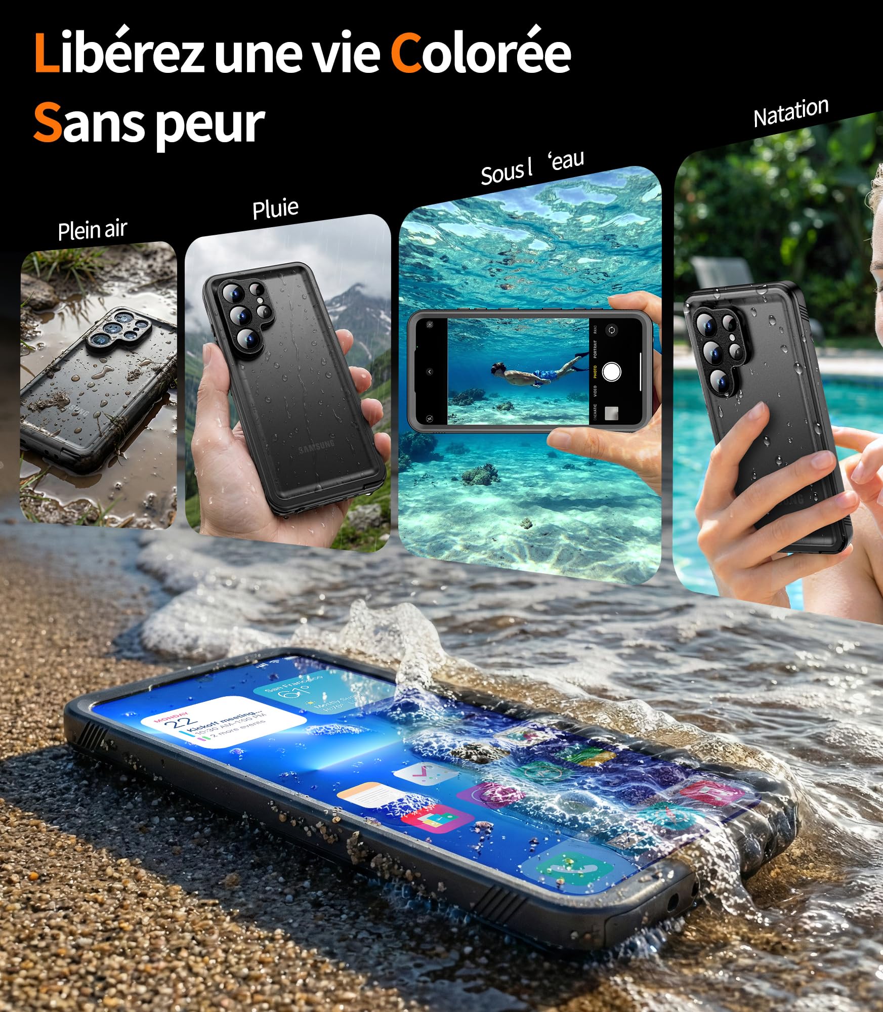 Cozycase Coque pour iPhone 15 Etanche Antichoc - 360 Integral Incassable Militaire Super Résistante Housse IP68 Waterproof Chantier Anti Choc Eau Poussière Coque Case et Protection Ecran/Camera-Noir