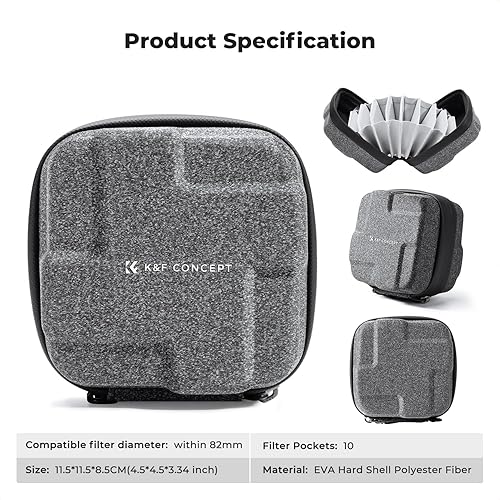 Miniatura 7 de K&F CONCEPT Estuche para Filtros de Lente 10 en 1, Funda de Filtro de Cámara de Cáscara Dura Hasta 82mm con Correa de Mano, Billetera de