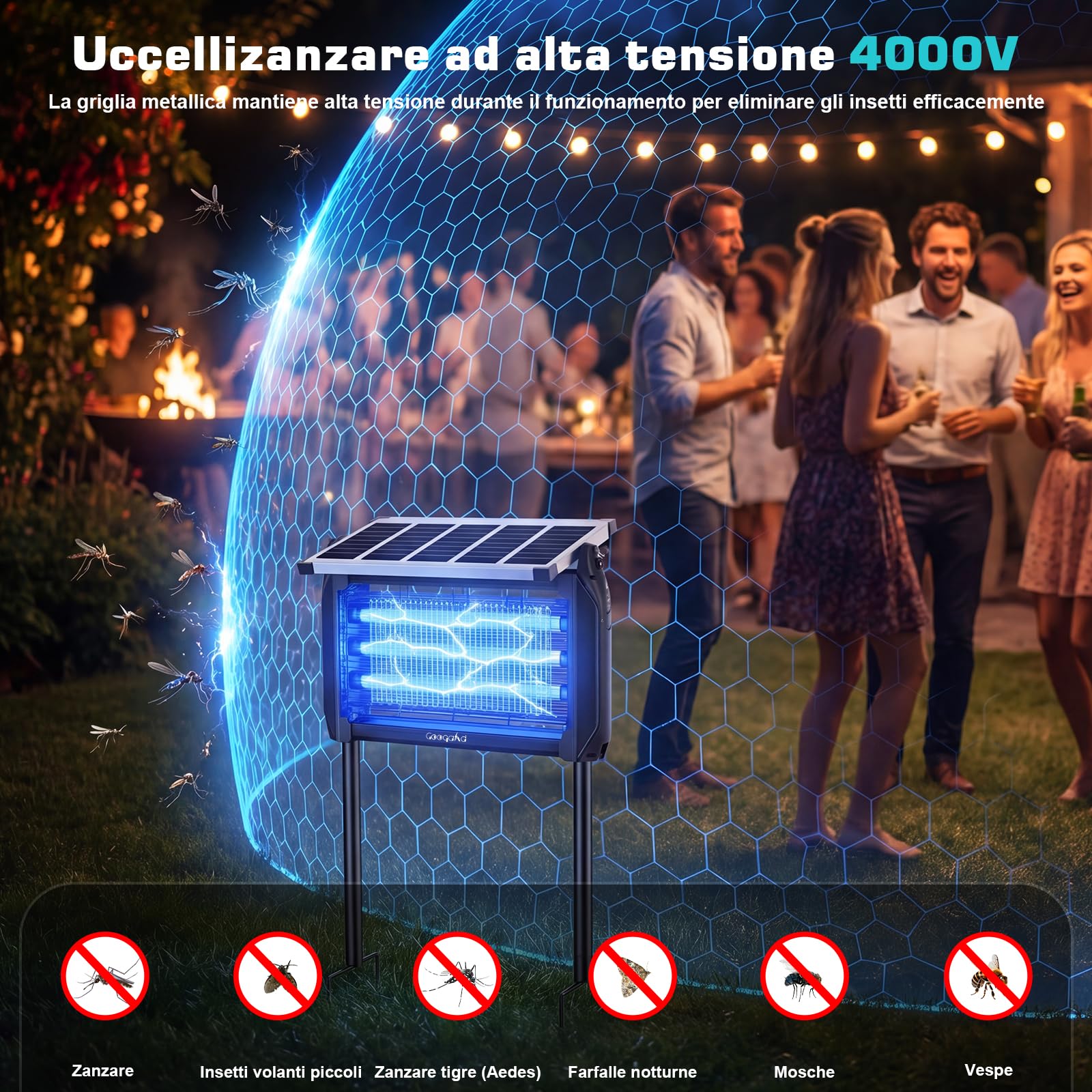 Lampe Anti Moustique Solaire Exterieur, 4500V Lampe Anti Mouche avec Batterie 4000mAh, Indice D'étanchéité IPX5, Anti Insectes Répulsif sans Fil avec Piquet pour Jardin, Terrasse, Camping