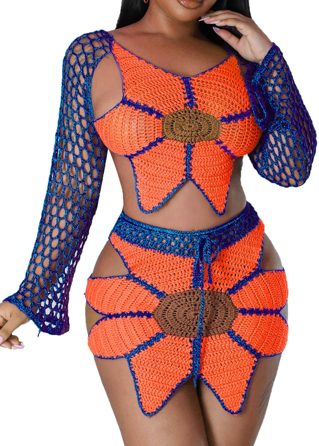 Nihsatin 2 Piece Outfits for Women Sunflower Crochet Long Bell Sleeve Crop Top with Cutout Skirt Set