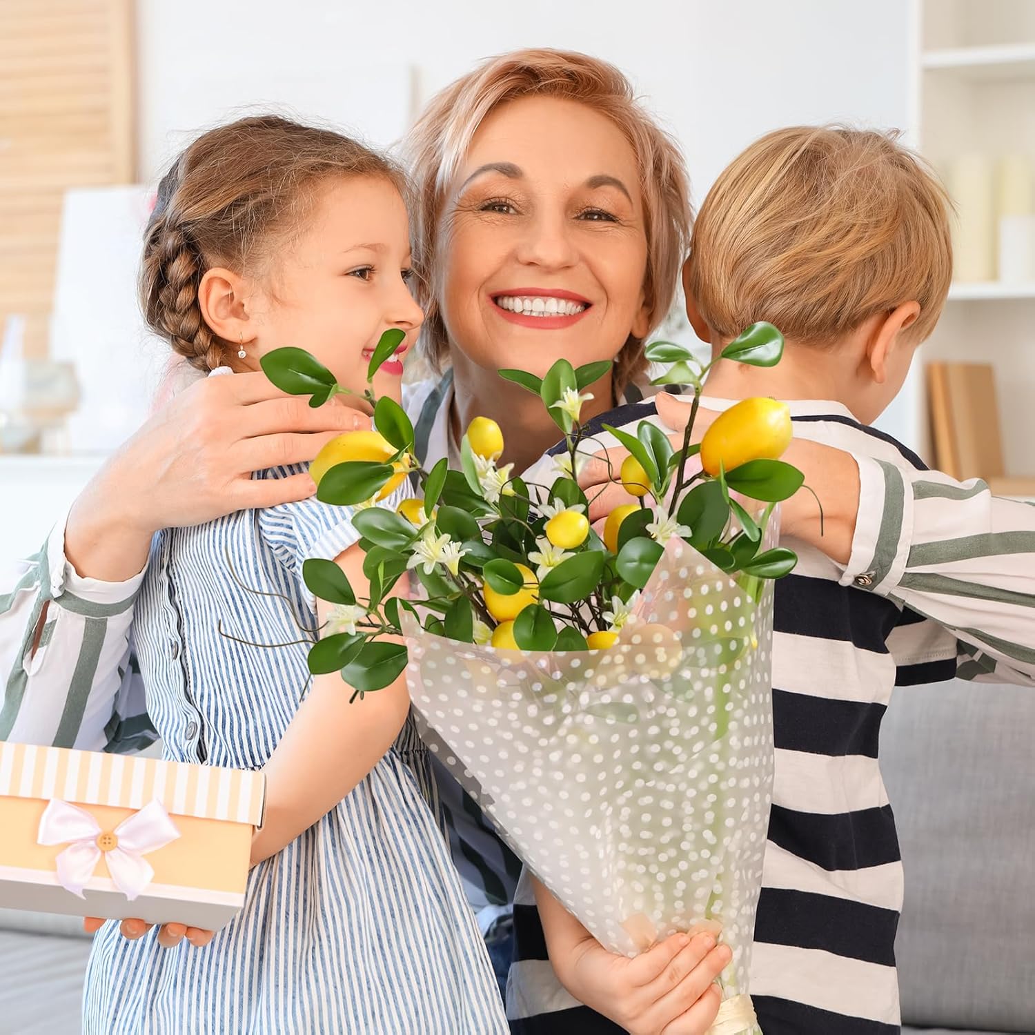 Artificial Lemon Branches 8 Heads per Stem 4 Pack Faux Lemons with Leaves Kitchen Table Centerpiece Decor Fake Lemon Tree for Vases Farmhouse Party Summer Home Yellow Decorations