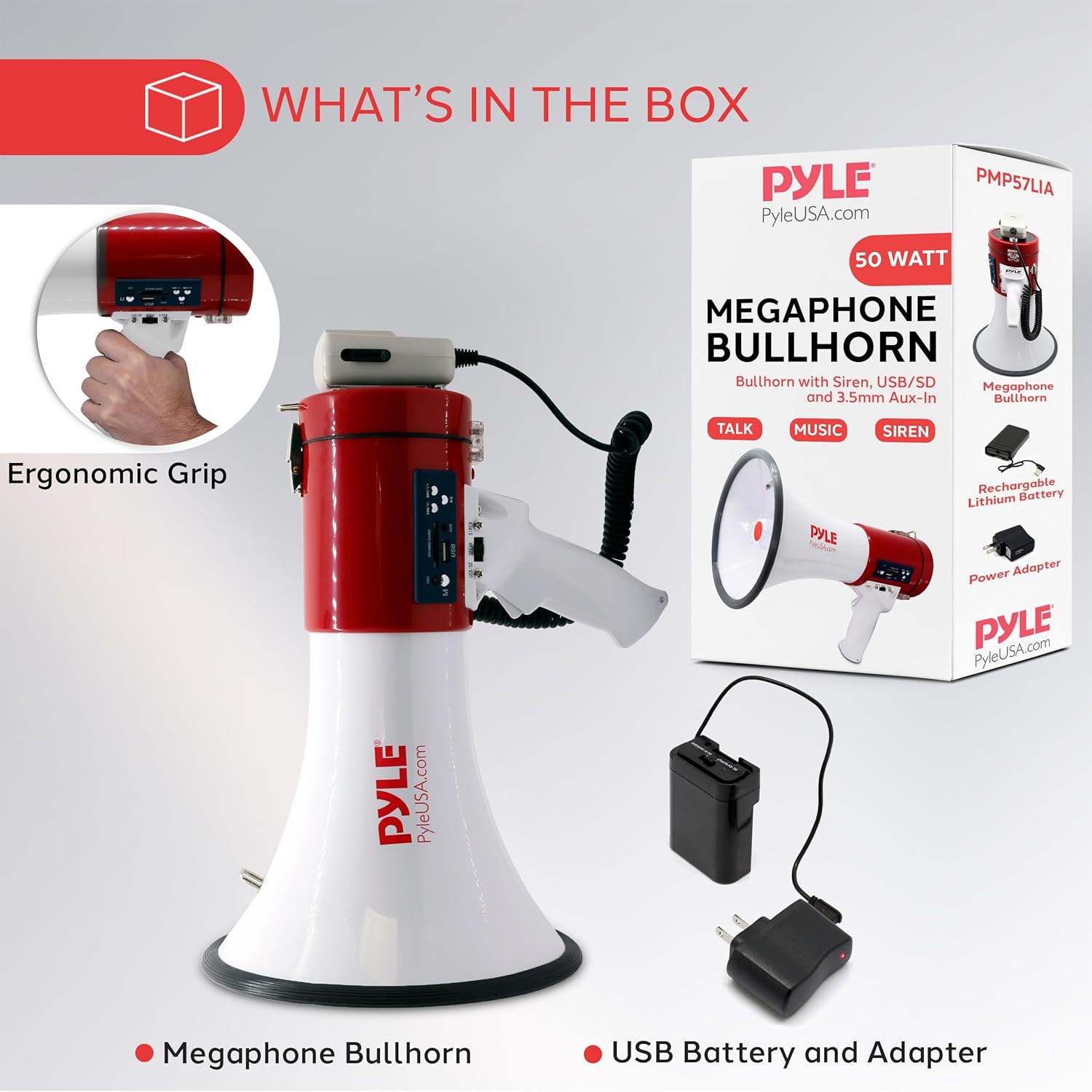Pyle 50W Megaphone Bullhorn with Siren & Detachable Microphone - Portable Lightweight Design, Rechargeable Battery, 1600 Yards, Ideal for Police, Cheerleading & Outdoor Events, White