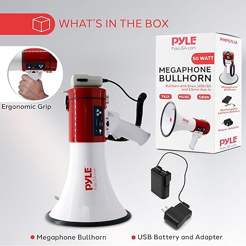Miniatura 7 de Pyle Megáfono con sirena Bullhorn 50 voltios – Bullhorn altavoz con micrófono desmontable, Portable ligera correa & Batería recargable – Voz al aire