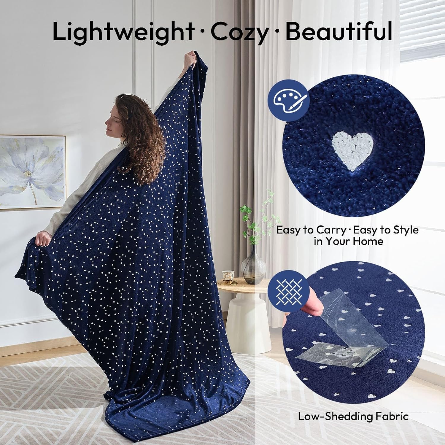 NANPIPER Fleece Blanket Heart Foil Print, Soft Lightweight Microfibe, All Season Premium Fluffy Throw for Sofa/Couch, Twin Size 65"x80" Navy Blue