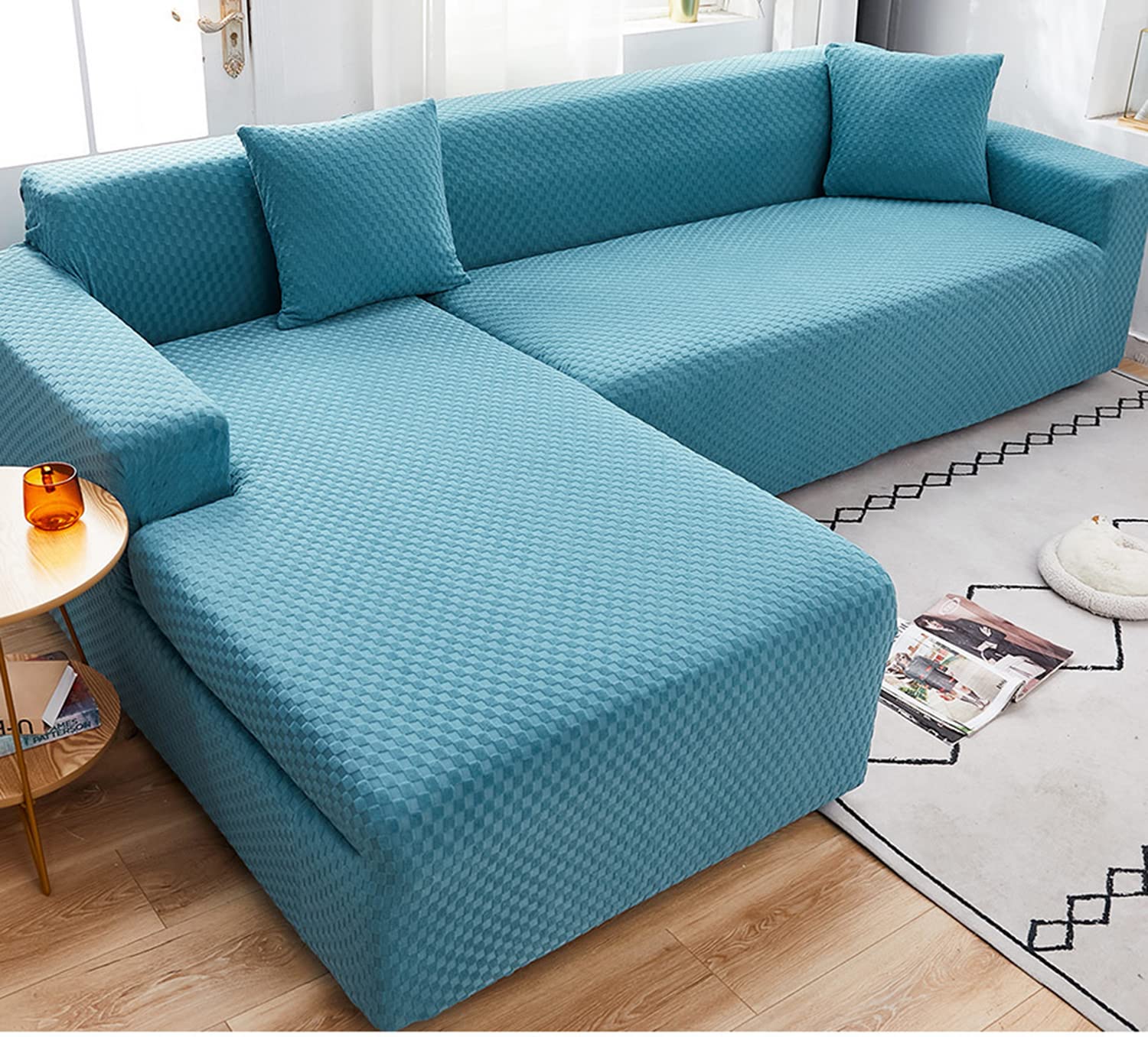 Housse de canapé d'angle en L extensible bleue 4 places pour protéger votre salon chic