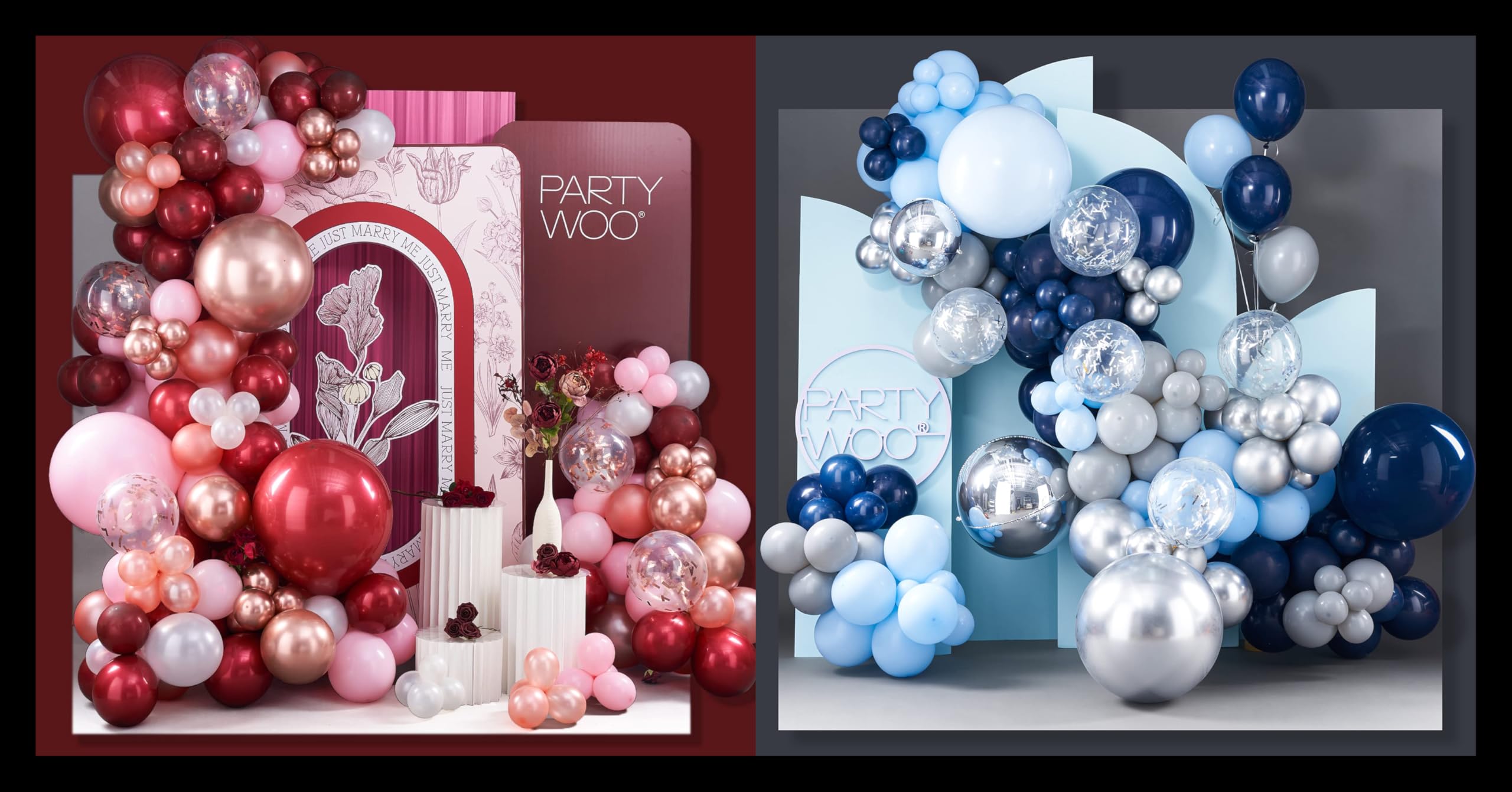 PartyWoo 140 pcs Burgundy Red and Pink Balloon Garland and PartyWoo 140 pcs Blue and Silver Balloon Arch Kit