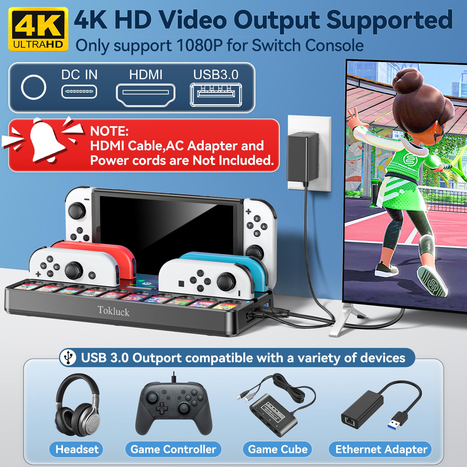 Switch TV Dock con Caricatore per Joycon, Dock per Nintendo Switch/OLED, Base di Ricarica per Joycon Switch con 4K HDMI, Porta USB 3.0 e Organizer per 10 Gioco Switch