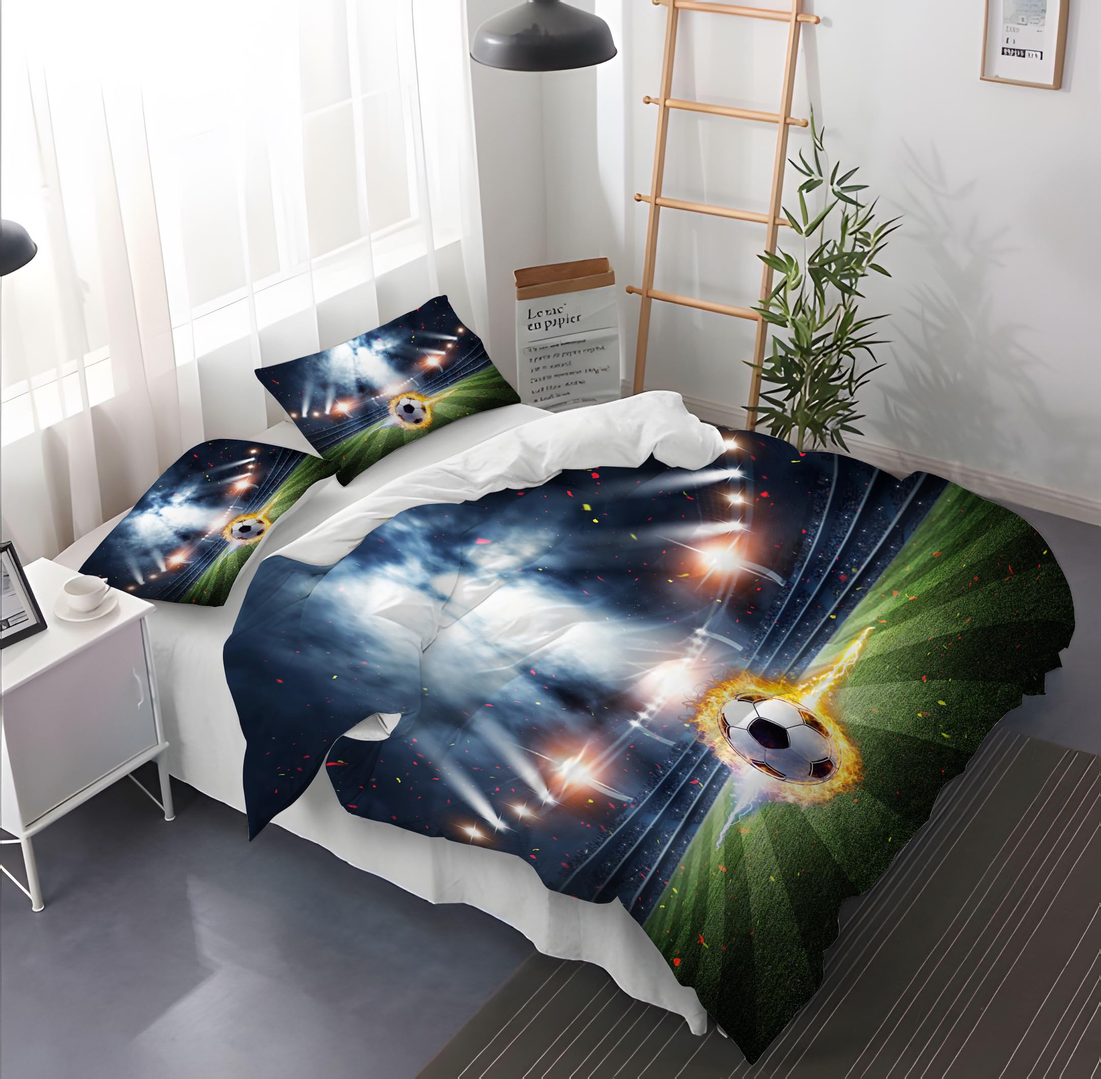 Parure de lit Football pour Enfant - Impression 3D - Housse de Couette Football 3 pièces - avec Fermeture éclair - Douce - 220 x 240 cm