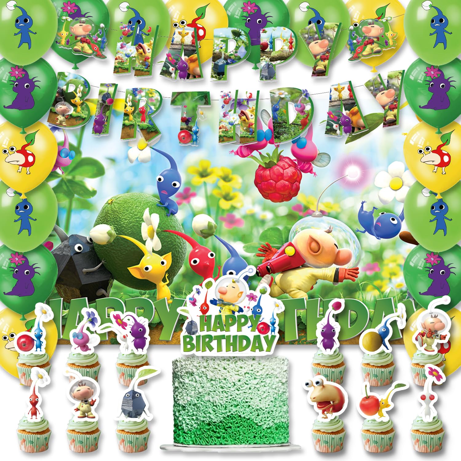 42Pack Pikmin Party Supplies Pack Includes，Banner，Cake Topper，Blackdrop,Balloons for Pikmin Birthday party Decoration