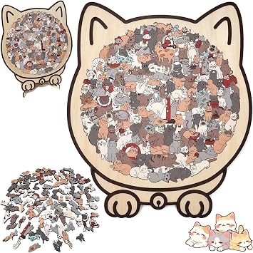 Unique Cat-Shaped Jigsaw Puzzle with Display Stand - 135-Piece Adorable Wooden Kitty Puzzle for Adults & Teens, Fun Home Decor & Relaxing Gift for Cat Lovers
