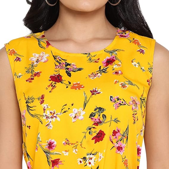 DEEBACO Women's Fit & Flare Knee Length Midi Western Dress for Women Strap Shoulder Sleeveless Floral Printed Girl's A-Line One Piece Summer Dressess with Belt (Blue)