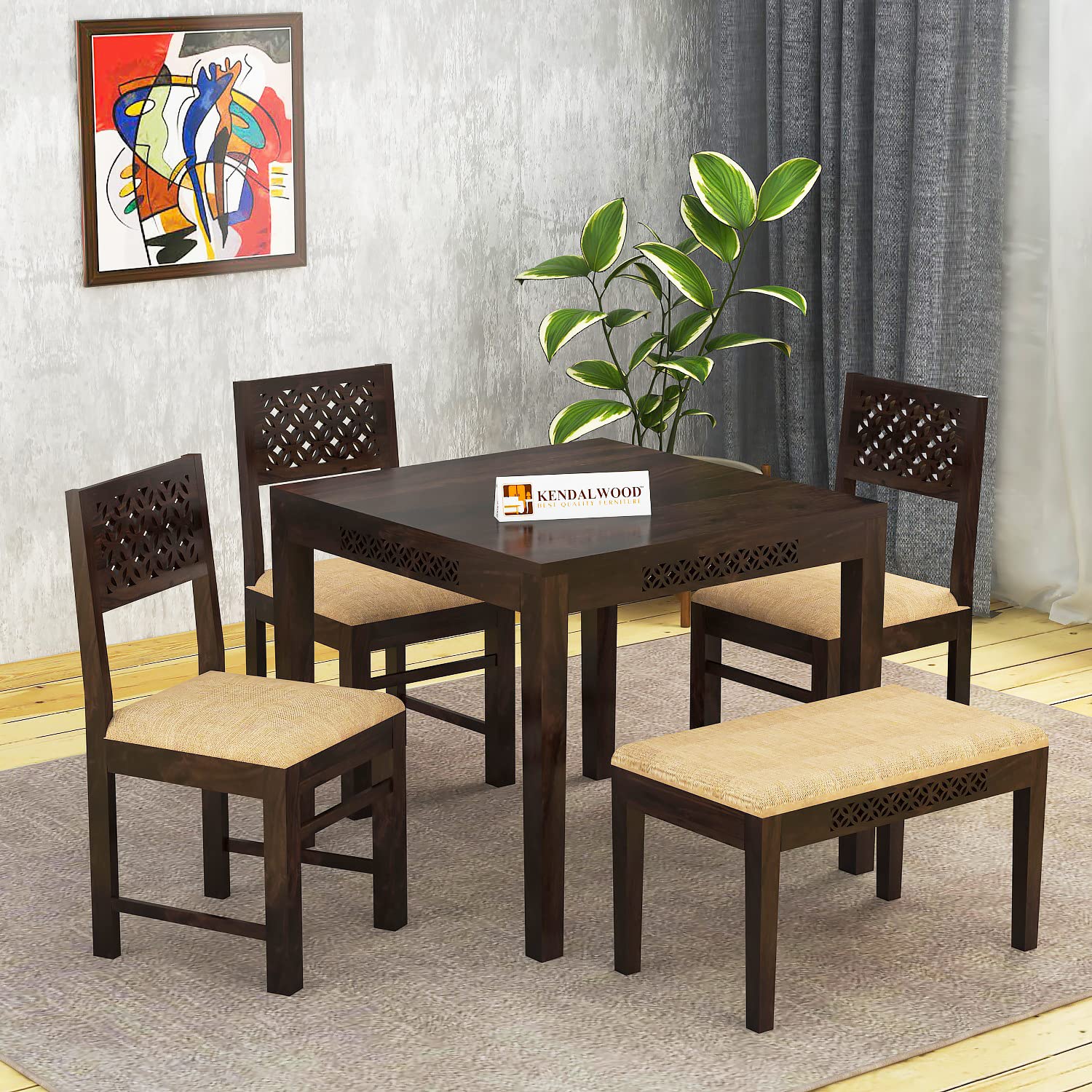 KENDALWOOD™ Furniture | Sheesham Wood CNC Cuting Dining Table with 3 Chairs with 1 Bench | 1 Year Warranty | 4 Seater Dining Set | Walnut Finish with Cream Cushions -DIY(Do-It-Yourself)