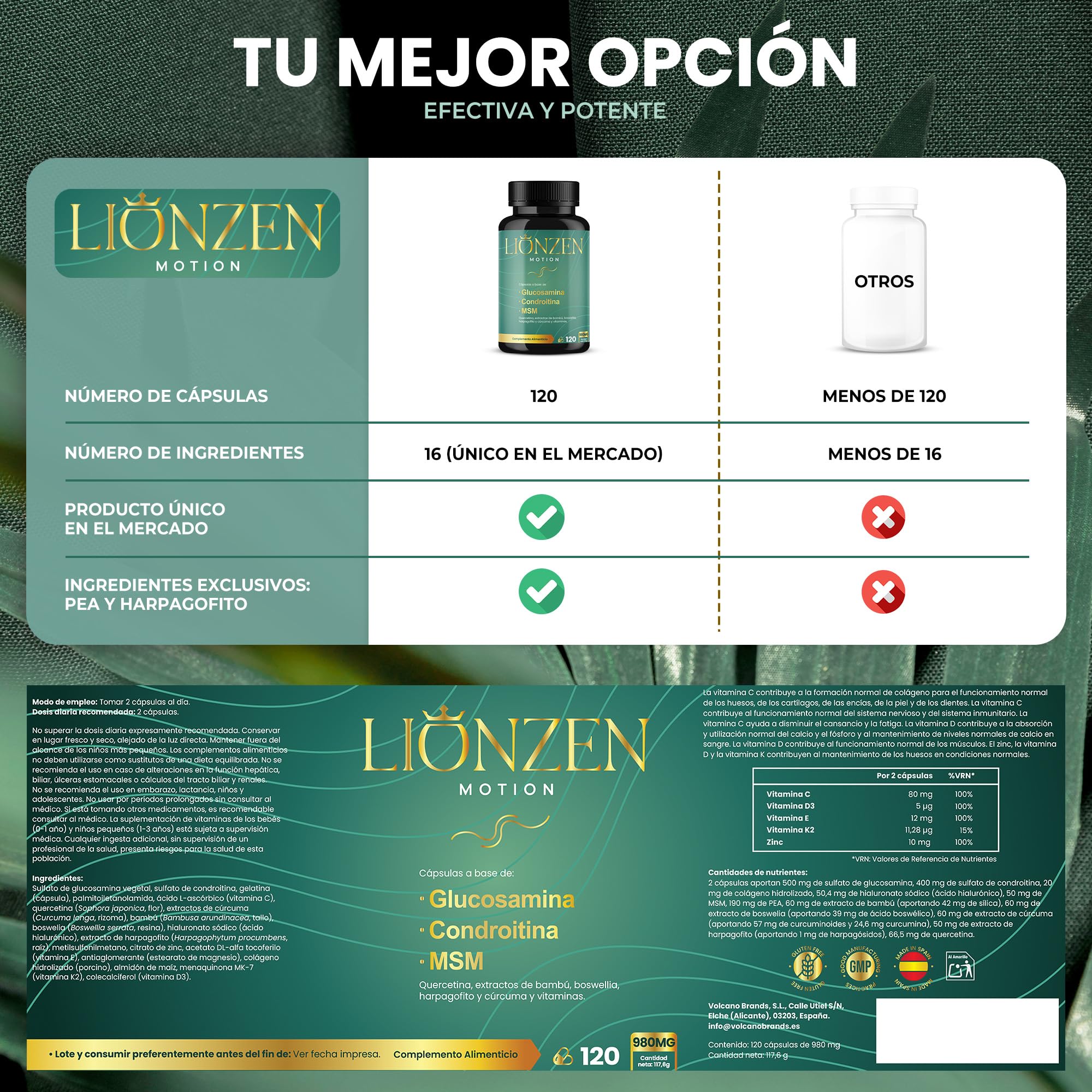 Glucosamina Condroitina y MSM +16 ingredientes articulaciones y huesos | Colágeno, Ácido Hialurónico, Cúrcuma y Vitaminas | Condroprotector Natural Cartílago y Dolor Articular | LIONZEN MOTION