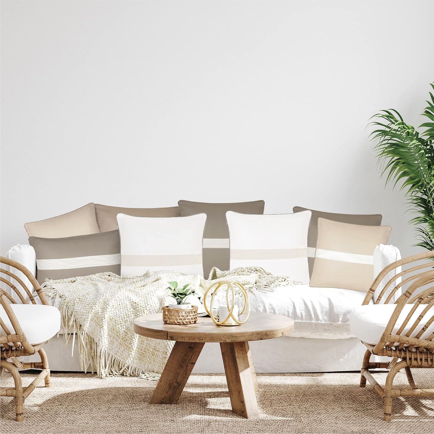 Outdoor Waterproof Pillow Covers – Decorative Stripe Cushion Cover in Beige & White for Patio, Garden and Balcony – 45×45 cm - 18x18 in