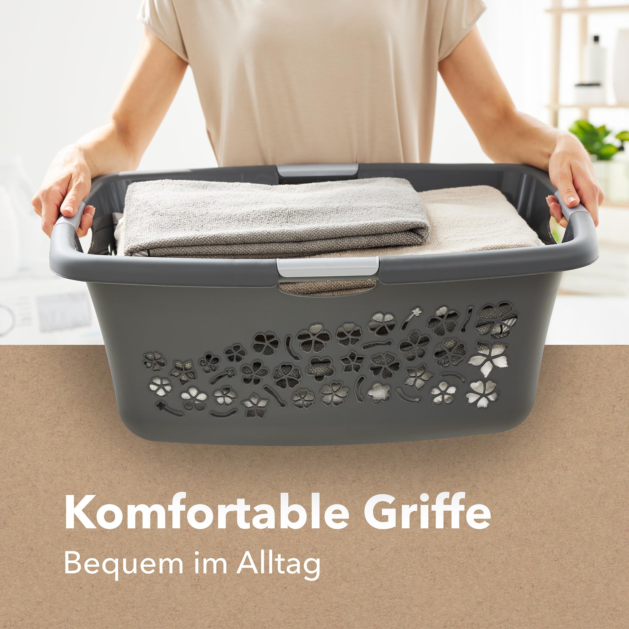 Rotho Flowers 3er-Set Wäschekorb 50l | mit Belüftungslöchern | mit 4 Griffen für bequemes Tragen | robust & langlebig | einfach zu reinigen & hygienisch | anthrazit