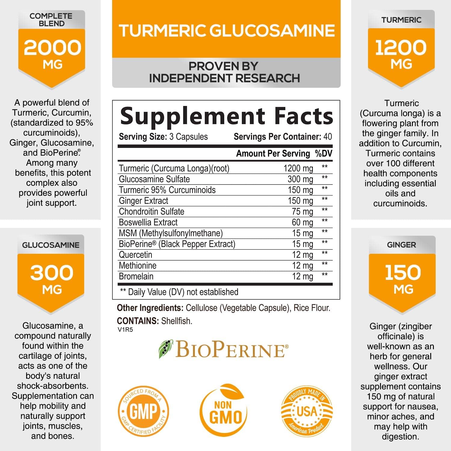 Turmeric Curcumin with Ginger, Glucosamine & MSM 2000mg - BioPerine Black Pepper for Absorption, Made in USA, Natural Immune Support, Turmeric Joint Supplement by Health Nutrition - 120 Capsules