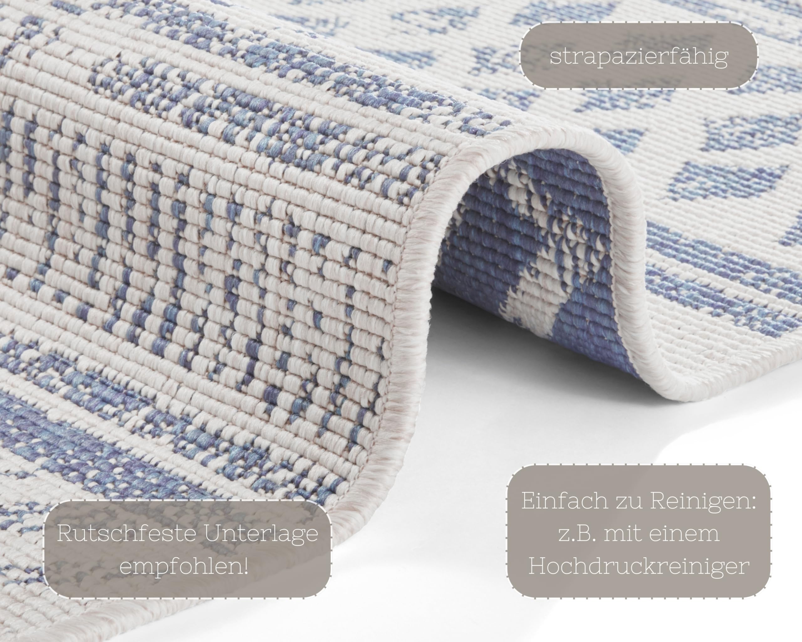 NORTHRUGS In- und Outdoor Teppich Biri 80x350cm - Wendeteppich Wetterfest Boho Style Vintage Design Läufer für Balkon Terrasse Garten Wintergarten Wohnzimmerteppich Wasserfest in Blau Creme
