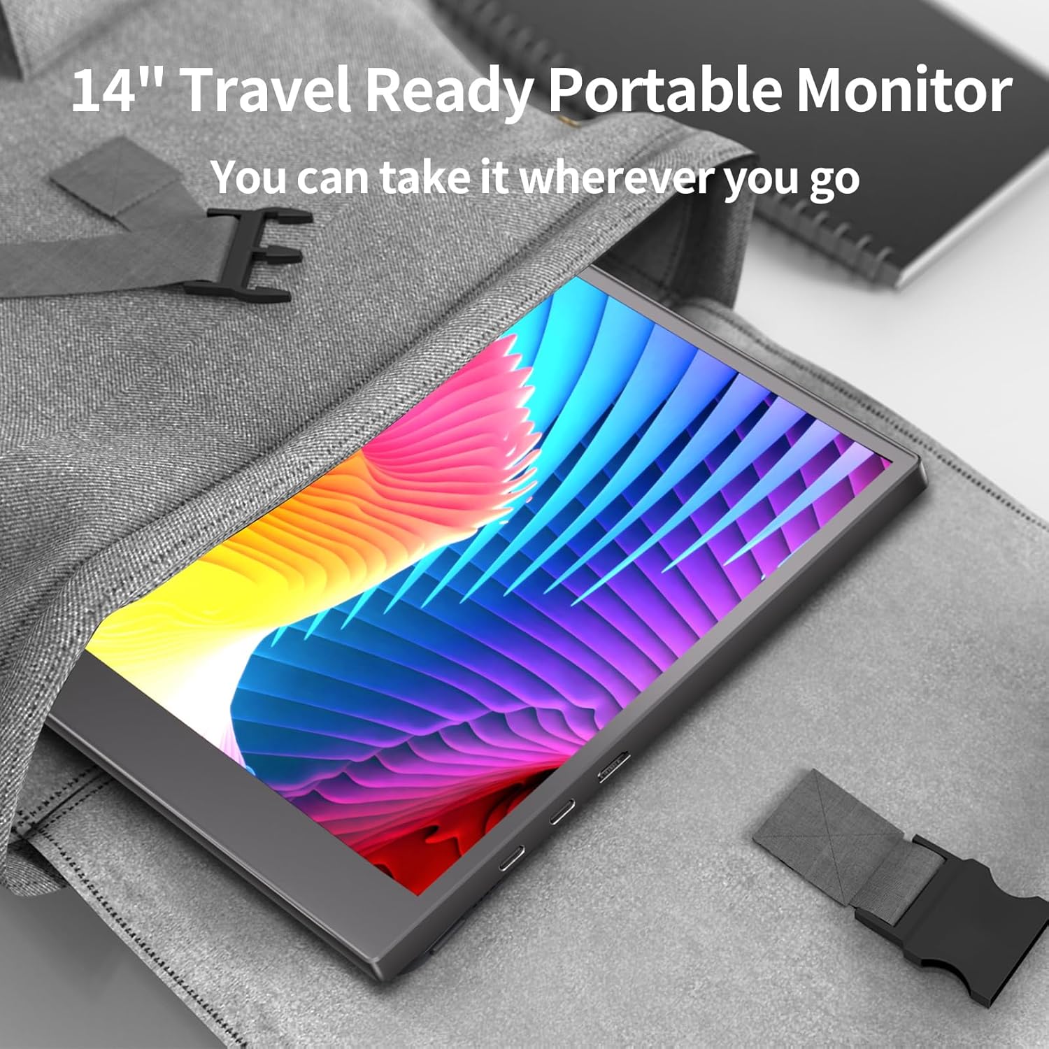 Portable Monitor, 14" HDMI USB-C IPS External Screen, Built-in Dual Speakers Gaming for Laptop PC Display with Stand, Plug & Play,Lightweight Small Monitor for On-The-Go Use,Black