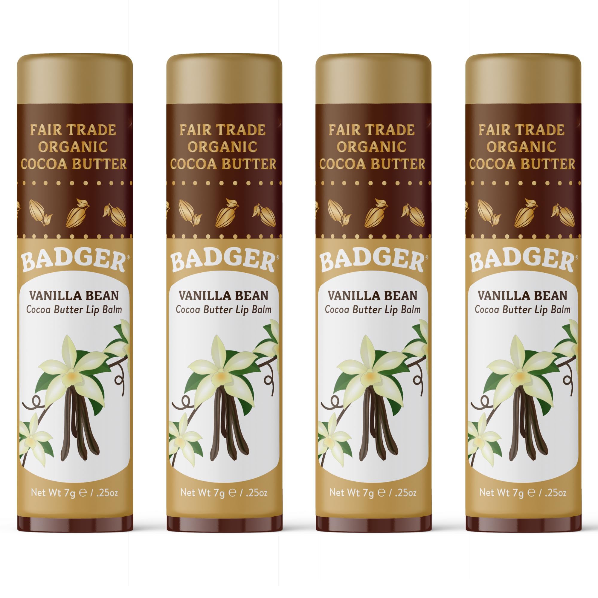 Badger Vanilla Bean Cocoa Butter Lip Balm, Organic, Large Stick, 4-Pack