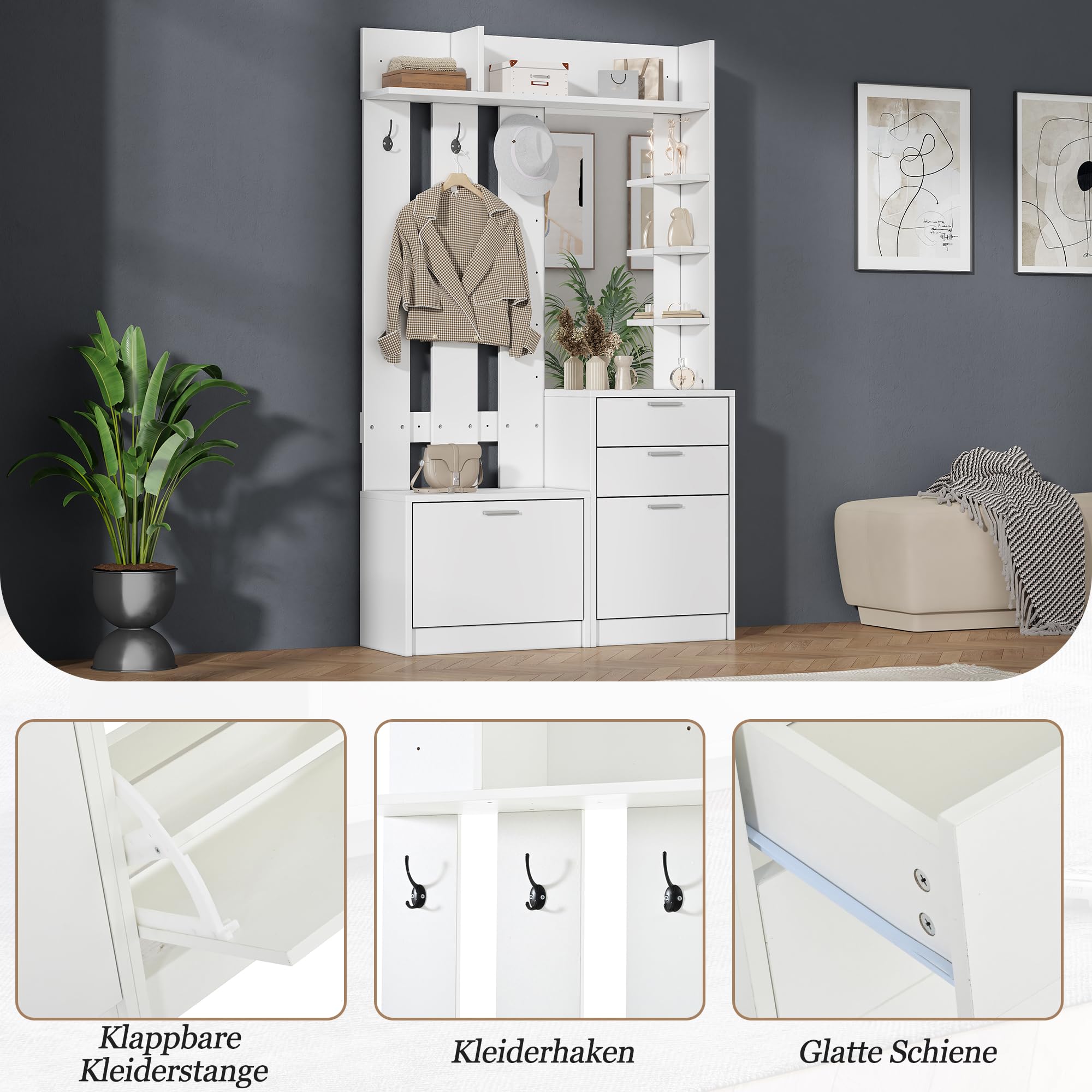 Garderobenset Wandgarderobe, Flurgarderobe Set mit Klapp Schuhschrank und Schuhbank, Flurgarderobe Kompaktgarderobe mit 2 Schubladen, Regalböden und 3 Haken, Flurmöbel Set, Weiß, 110x34x185cm