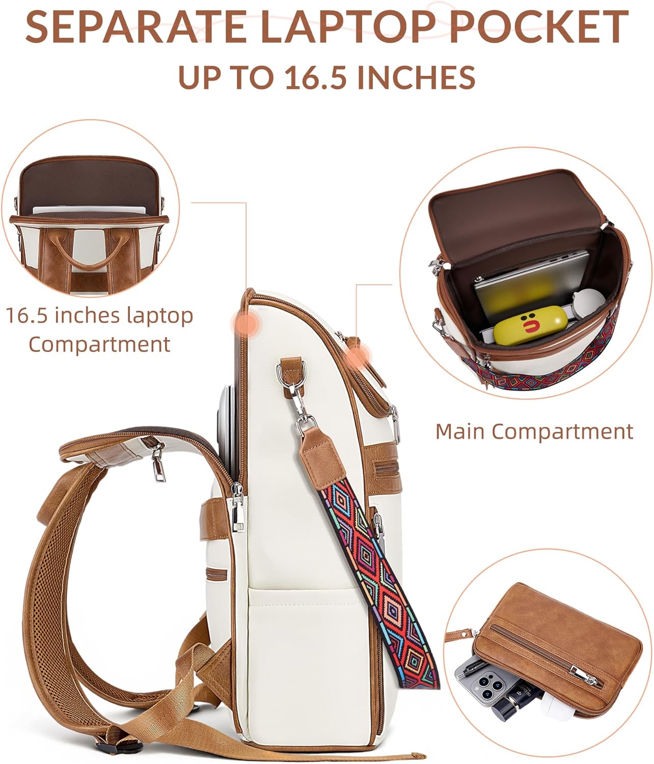 SYTRAH Leather Laptop Backpack for Women Designer Laptop Bag, 16.5 inch Travel Computer Backpacks Purse with Tassel for Work Business with Satchel Purse Beige Brown
