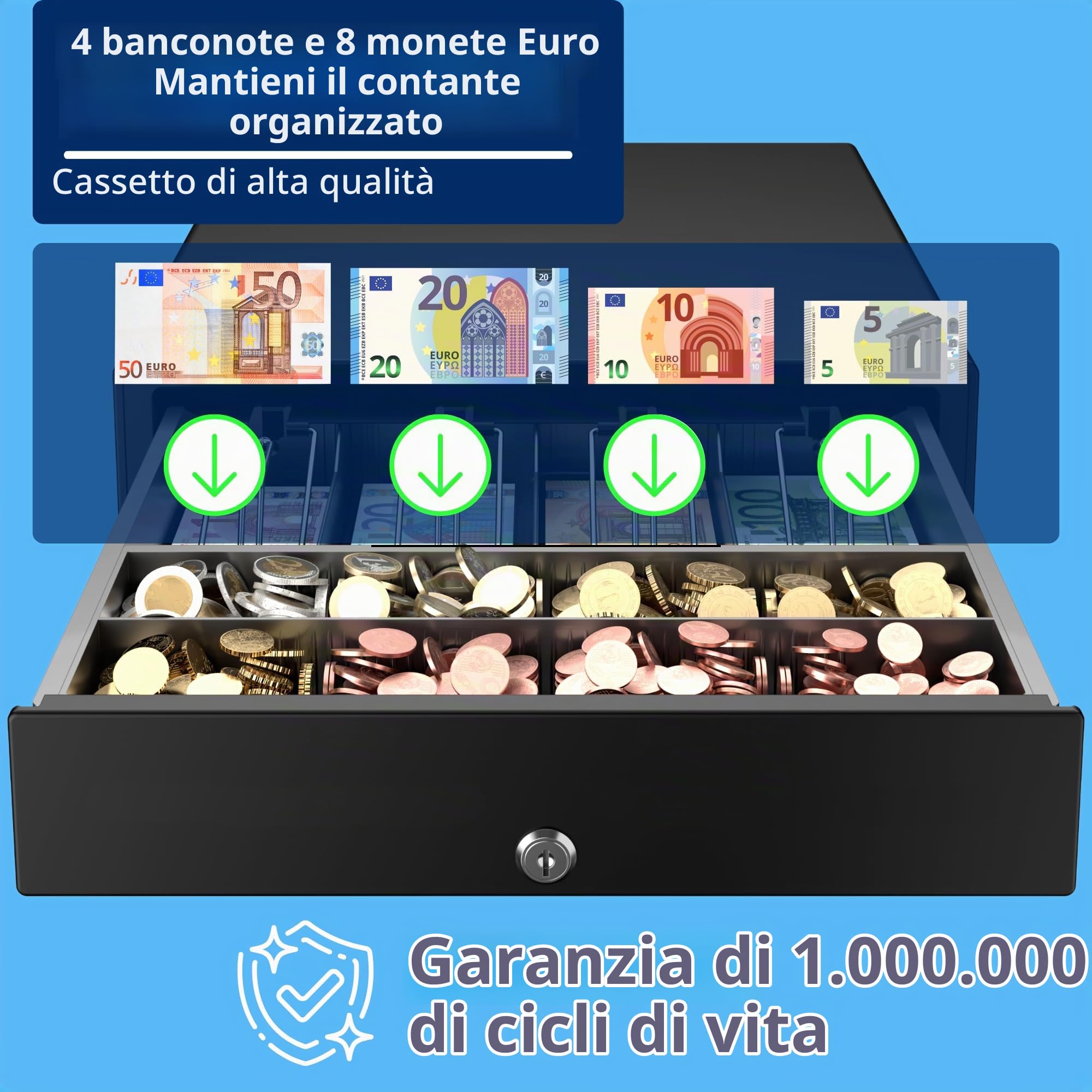 Cassetto per Registratore di Cassa RT, Apertura Automatica RJ/Chiave, Cassetta Portavalori con 4 Banconote 8 Monete (Euro), 35x40cm, Nero