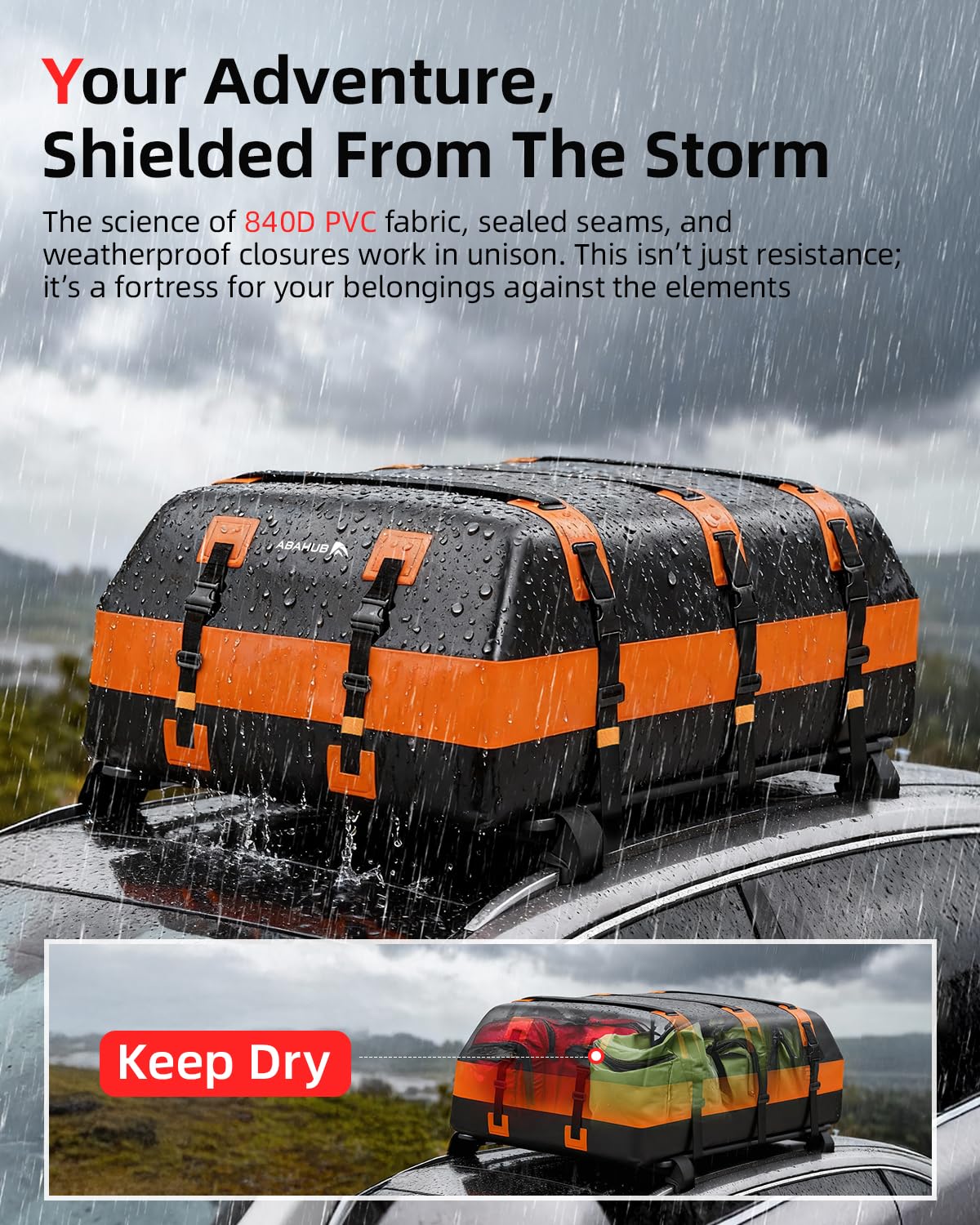 Abahub Auto Dachbox 840D Weich Faltbare wasserdichte Dachtasche mit Türhaken, Rutschfester Matte,Aufbewahrungstasche für Alle Autos mit/ohne Gepäckträger (850L)