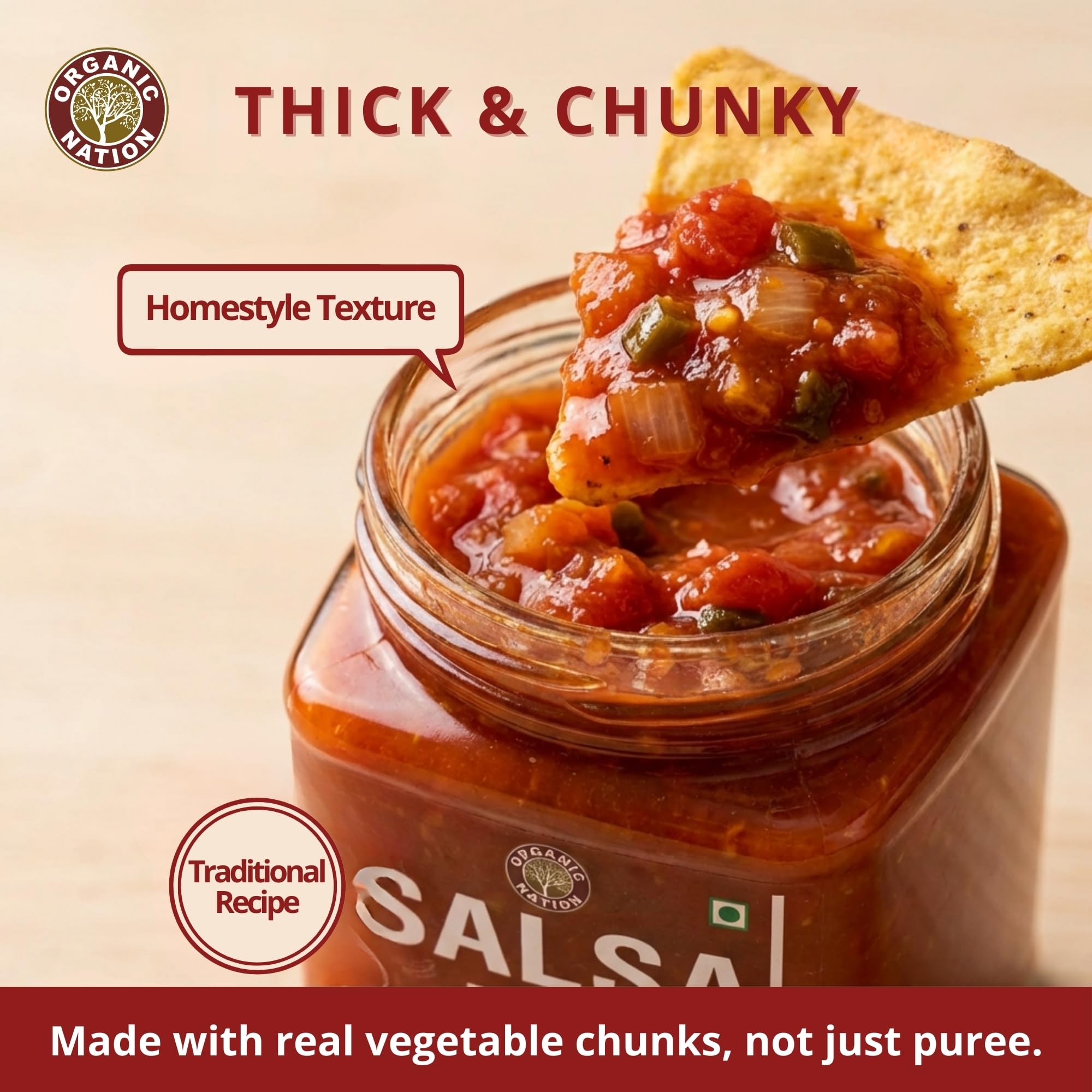 ORGANIC NATION Salsa Dip - Natural Salsa Sauce for Snacking and Cooking - Homestyle Made with Fresh Tomatoes, Herbs & Spices, No Added Preservatives, No Artificial Flavours, Traditional Recipe - 260g 1