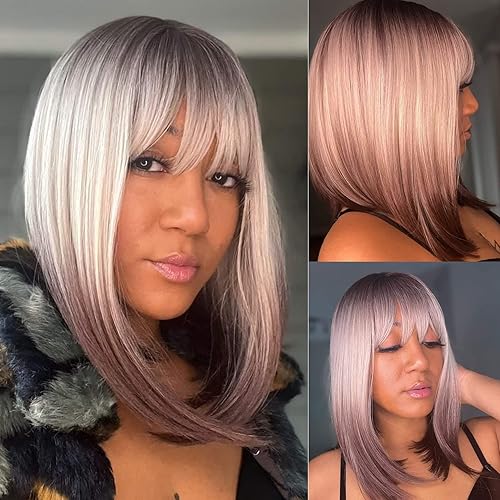 UAmy hair Peluca Bob rubio castaño degradado para mujer longitud al hombro peluca recta Bob con flequillo raíces oscuras y extremos de cabello