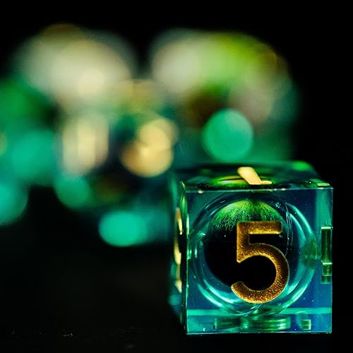 Miniatura 6 de Dados DND de núcleo líquido, un juego completo de dados líquidos D&D con bolsa de terciopelo para juego de mazmorras y dragones (líquido de ojo de