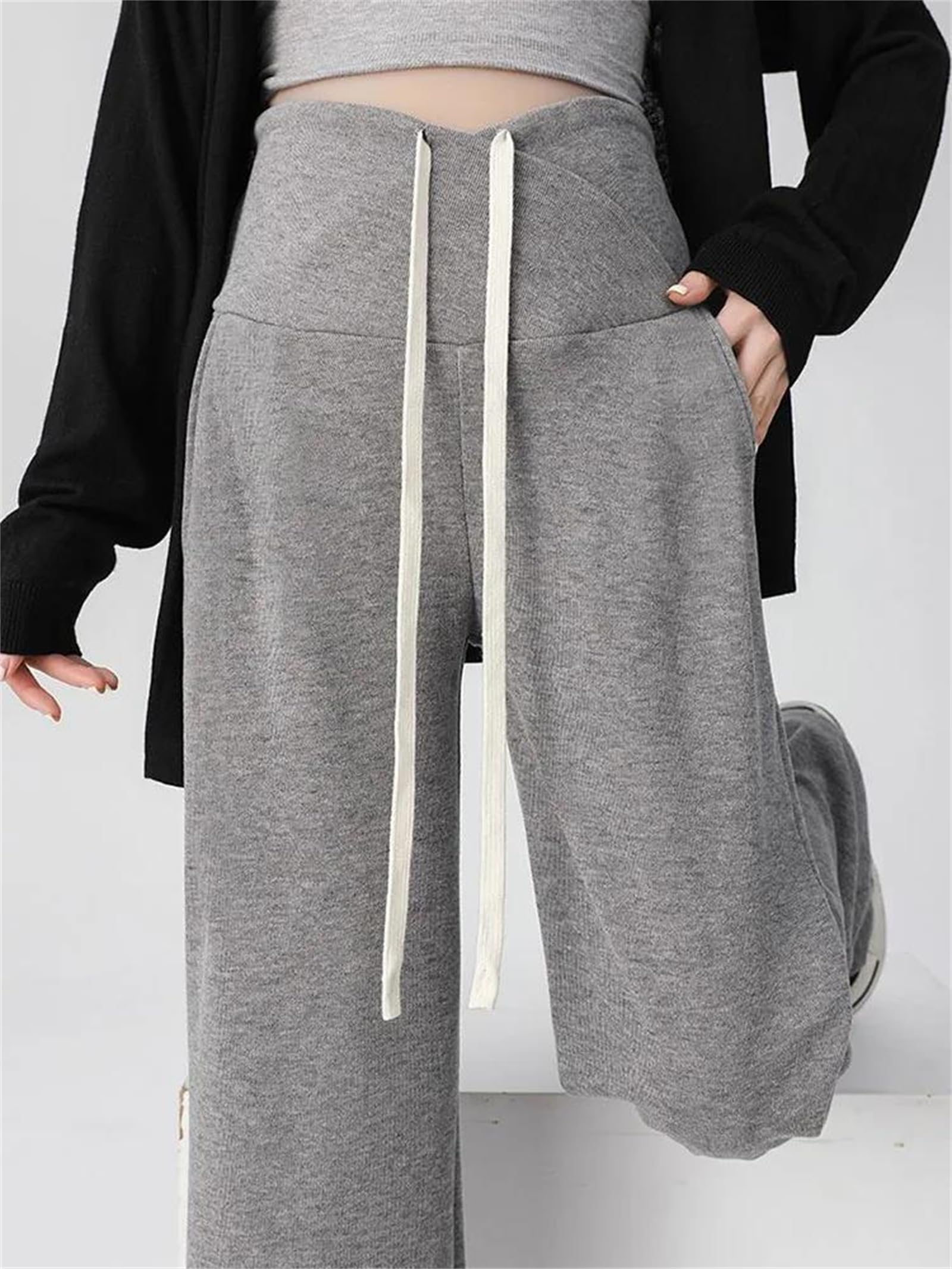 Pantaloni da donna a vita alta, gamba larga, casual, con lacci, premaman