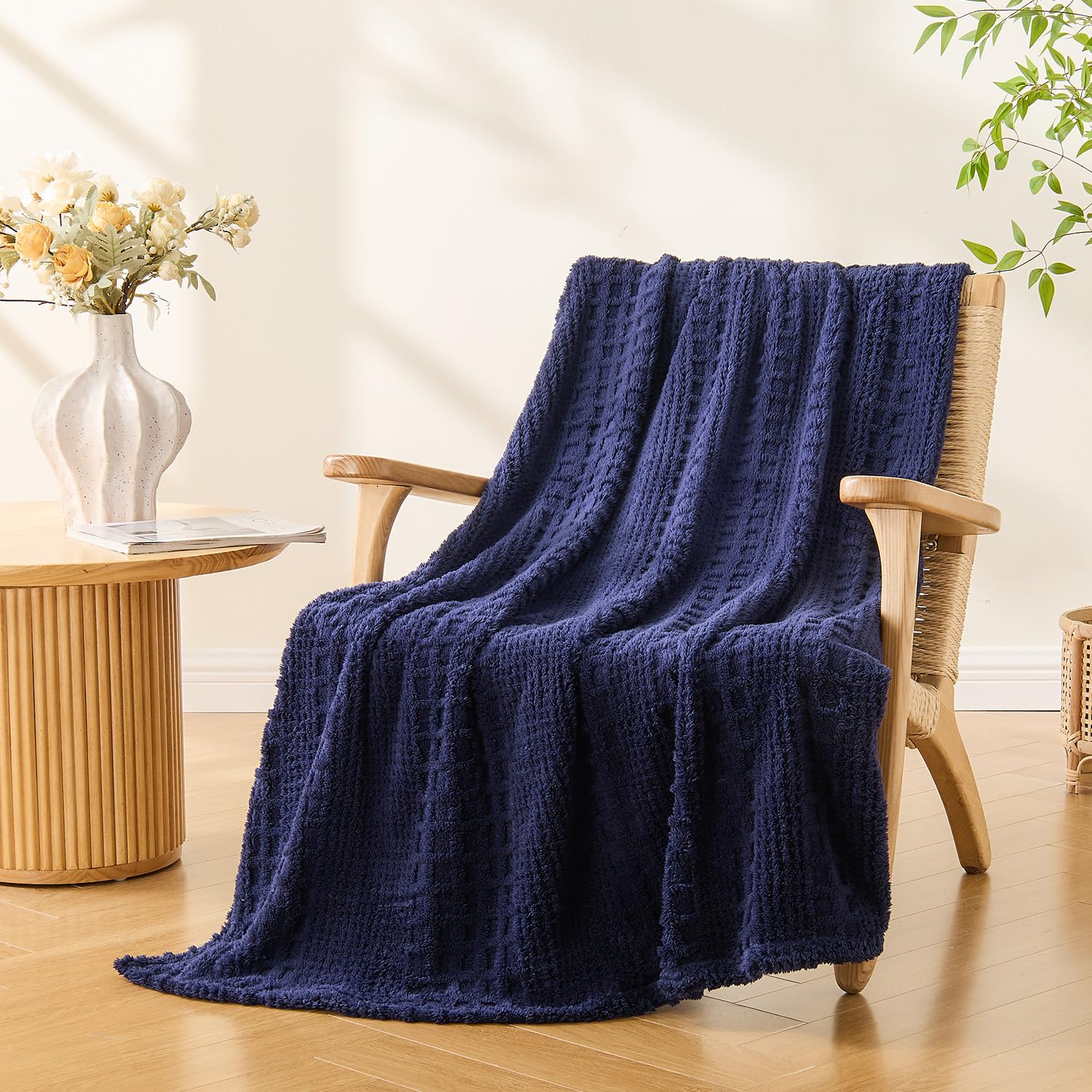 Lotus Karen Throw Blankets for Bed Waffle Navy Blanket Cozy Soft Fluffy Fuzzy Fleece Twin Blanket for Couch Lightweight Breathable Bed for All Season 70x80