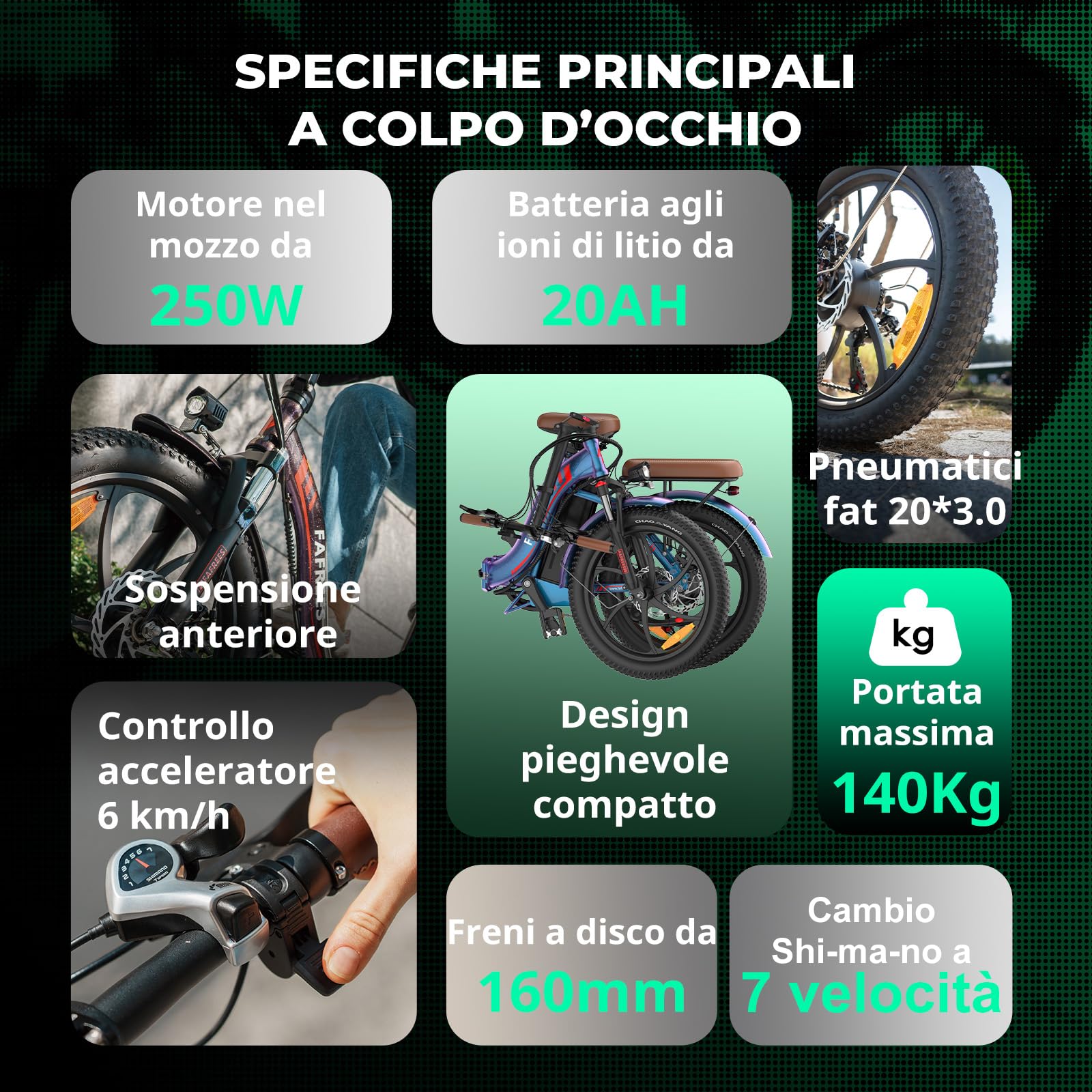 Fafrees Bici Elettrica Pieghevole 36V/20Ah Batteria Rimovibile Bicicletta Elettrica, 20"×3.0 Fat Tire, 7 Velocità, Autonomia di 70-150km Fat Bike Ebike per Adulti, con Schermo LCD