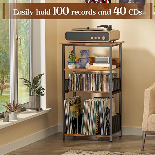 Miniatura 4 de Soporte para tocadiscos con almacenamiento de hasta 100 álbumes y 40 CD, almacenamiento de discos de vinilo de 4 niveles para sala de estar, soporte
