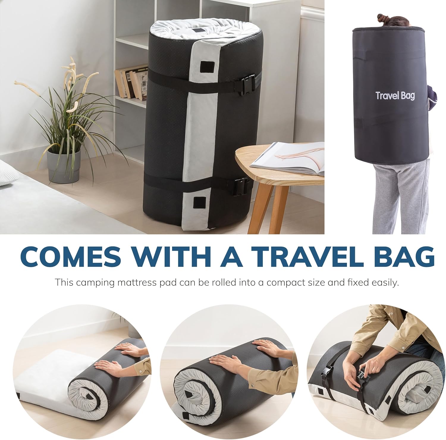 EGO Roll up Single Small Mattress Memory Foam CertiPUR-US Certified, Roll Up Floor Mattress Mat for Camping, Sleeping Pad, Portable with Travel Bag