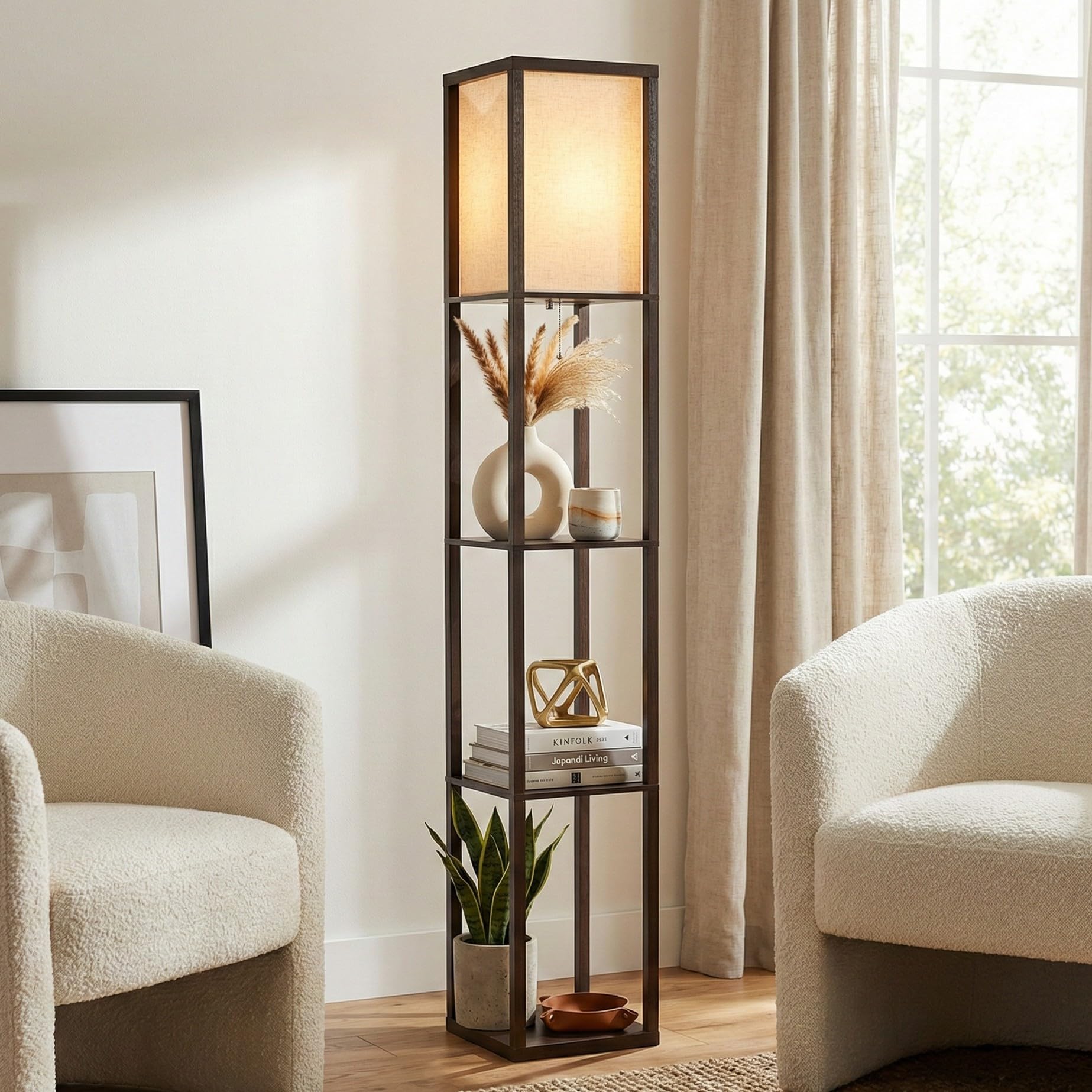 Brightech Maxwell - Modern Shelf Floor Lamp with Lamp Shade & Warm