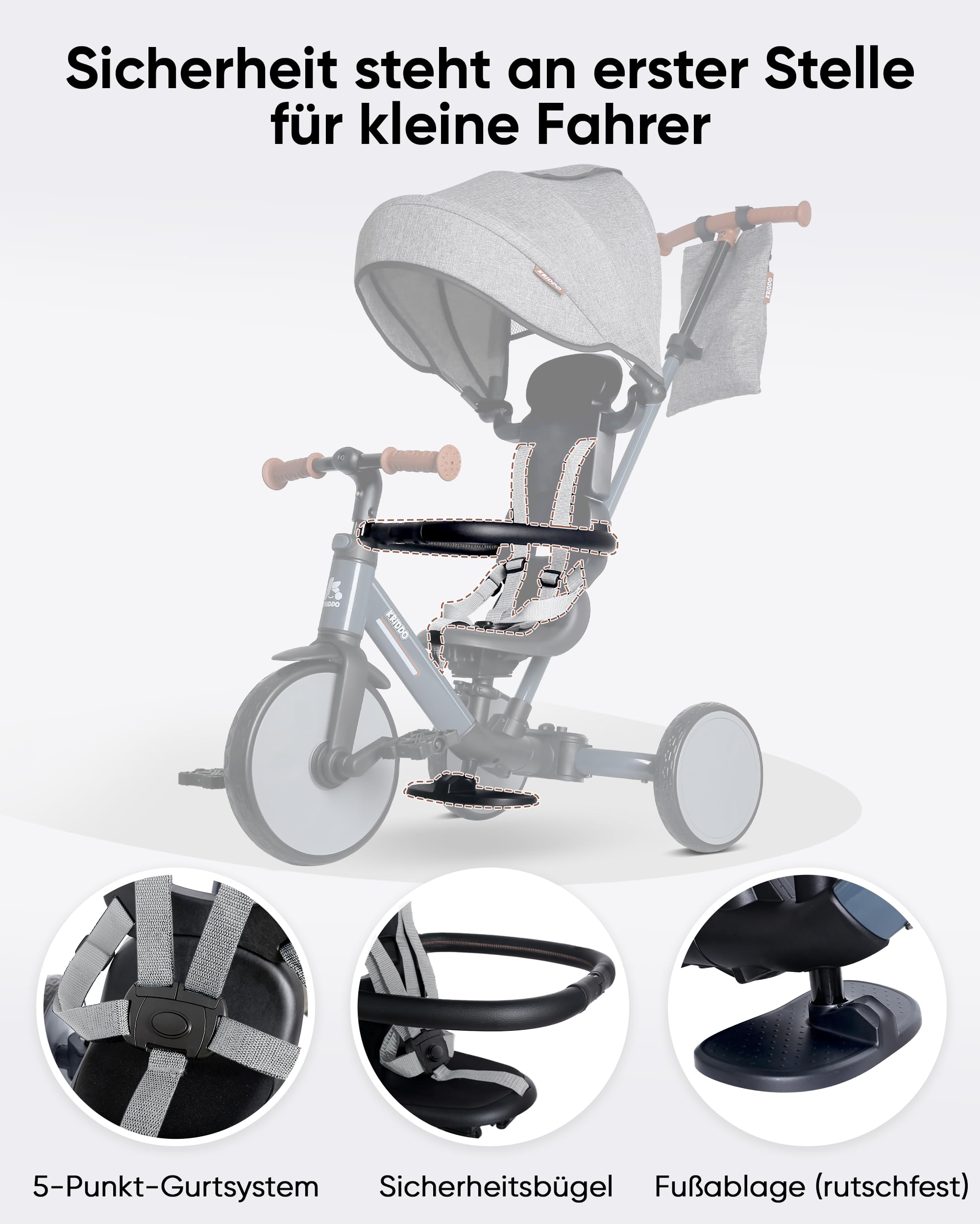 KRIDDO 8-in-1 Kinderdreirad für 1,5–5 Jahre, umwandelbares Dreirad & Laufrad mit Schubstange, 5-Punkt-Gurt, faltbarem Verdeck und Aufbewahrungstasche, Grau