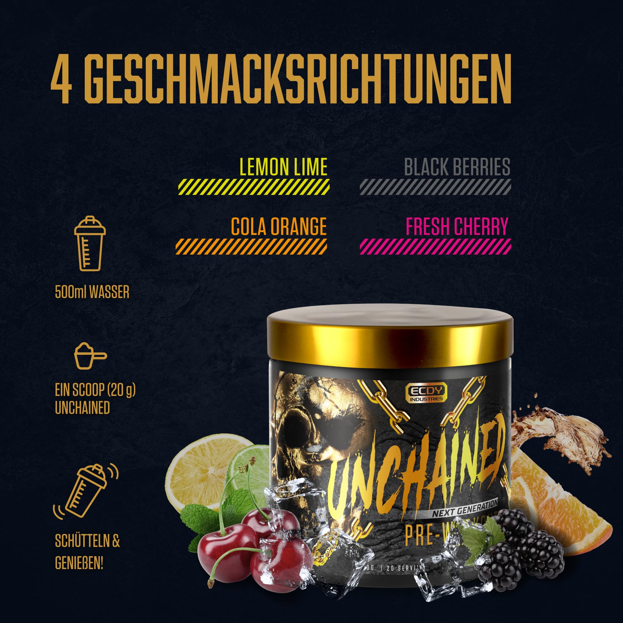 UNCHAINED Pre Workout Booster mit Koffein | 400 g | Fitness Drink mit L-Arginin, L-Citrulin-Malat & Beta-Alanin | Preworkout Booster für 100% Fokus, Pump & Energy | Fresh Cherry