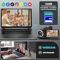 Vista 7 de Cámara de video 2.7K Camcorder QHD 50MP Cámara de YouTube para Vlogging Webcam Zoom digital de 16X con tarjeta SD de 32G Pantalla de rotación de 270