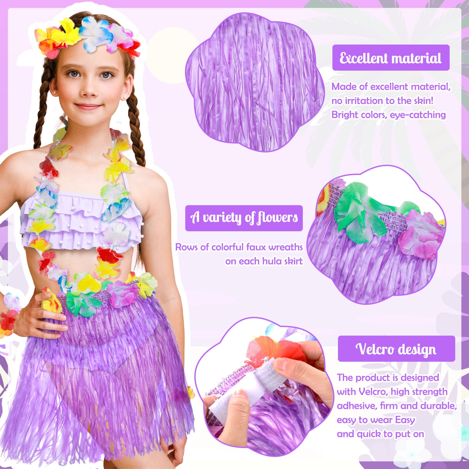 Abeillo 5 Pack Hawaiian Hula Grass Skirt for Girls Hula Dance Skirt with Flower Costume Accessory Hawaiian Hula Party Dress Up for Girls