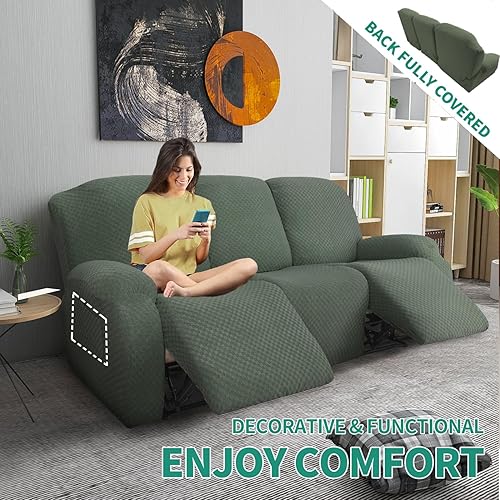 Vista 230 de YEMYHOM Funda elástica de 4 piezas para silla reclinable de jacquard con bolsillo lateral, antideslizante, ajustable, protector de muebles con parte